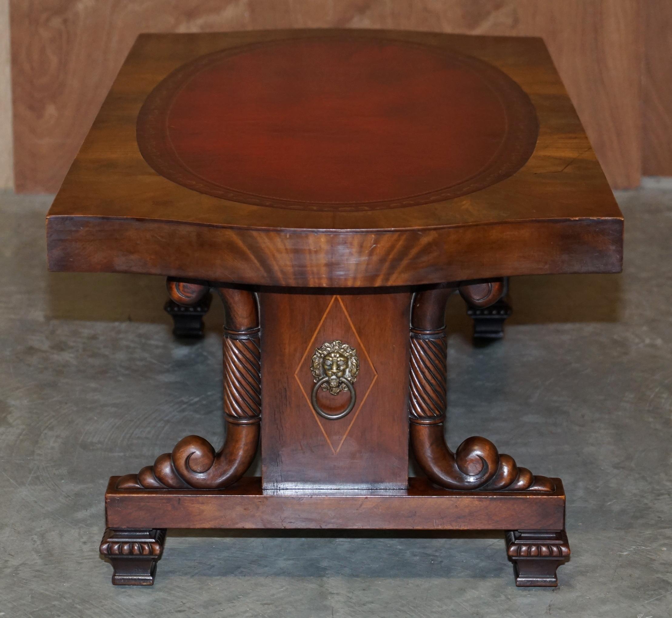 Regency Style Lions Head Handle Oxblood Leather & Walnut Coffee Occasional Table For Sale 1
