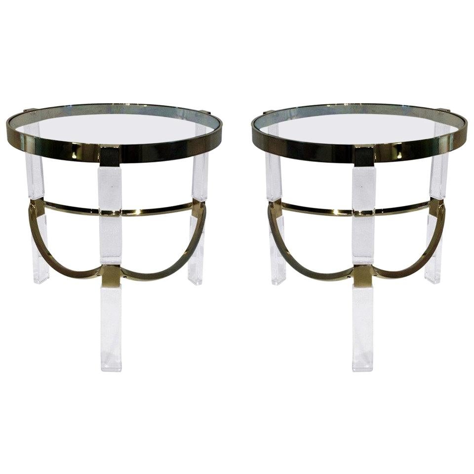 Regency Style Lucite and Brass Side Tables by Charles Hollis Jones