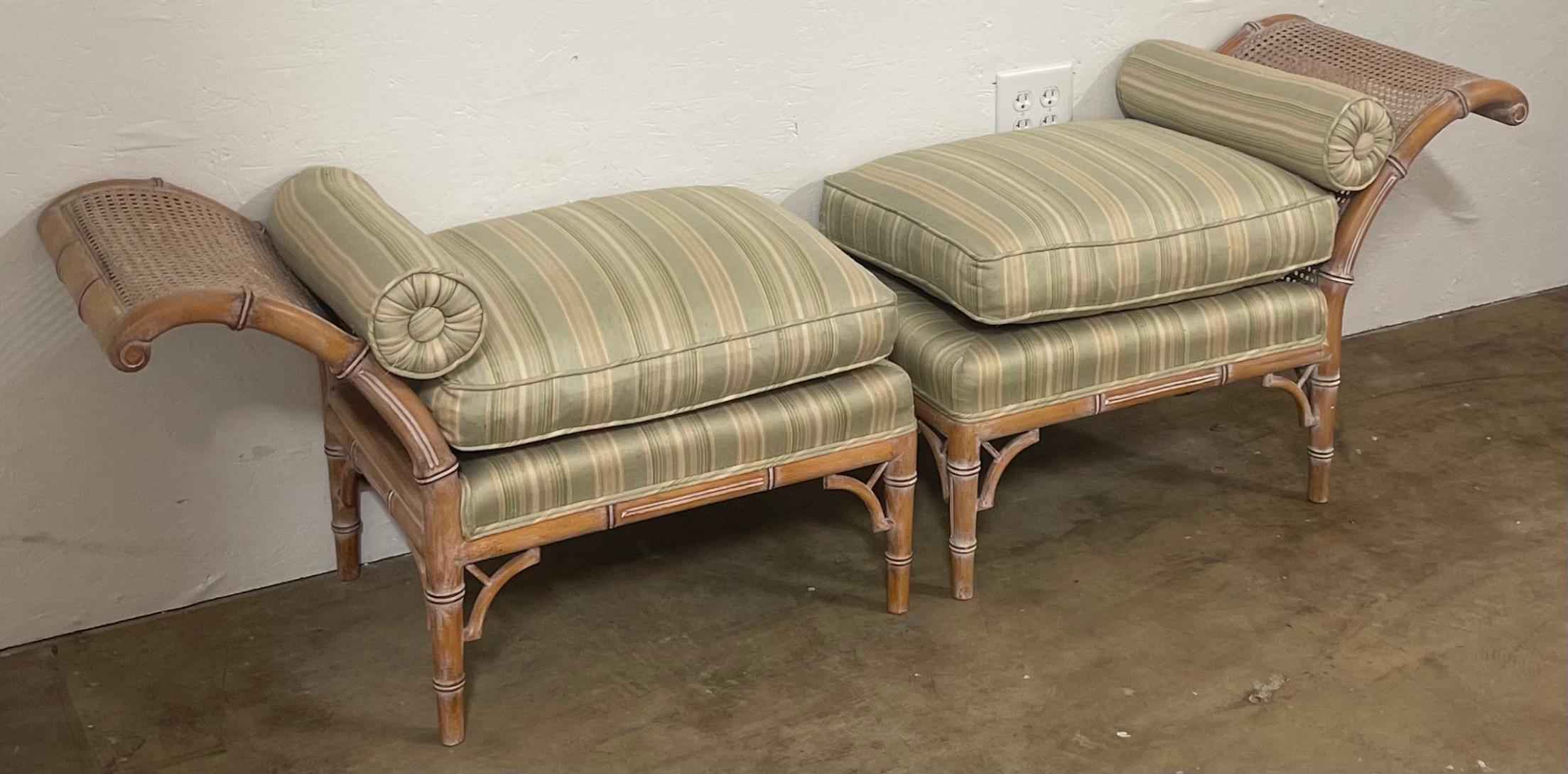 Late 20th Century Regency Style Cerused Faux Bamboo Bench or Chaise In Silk For Sale