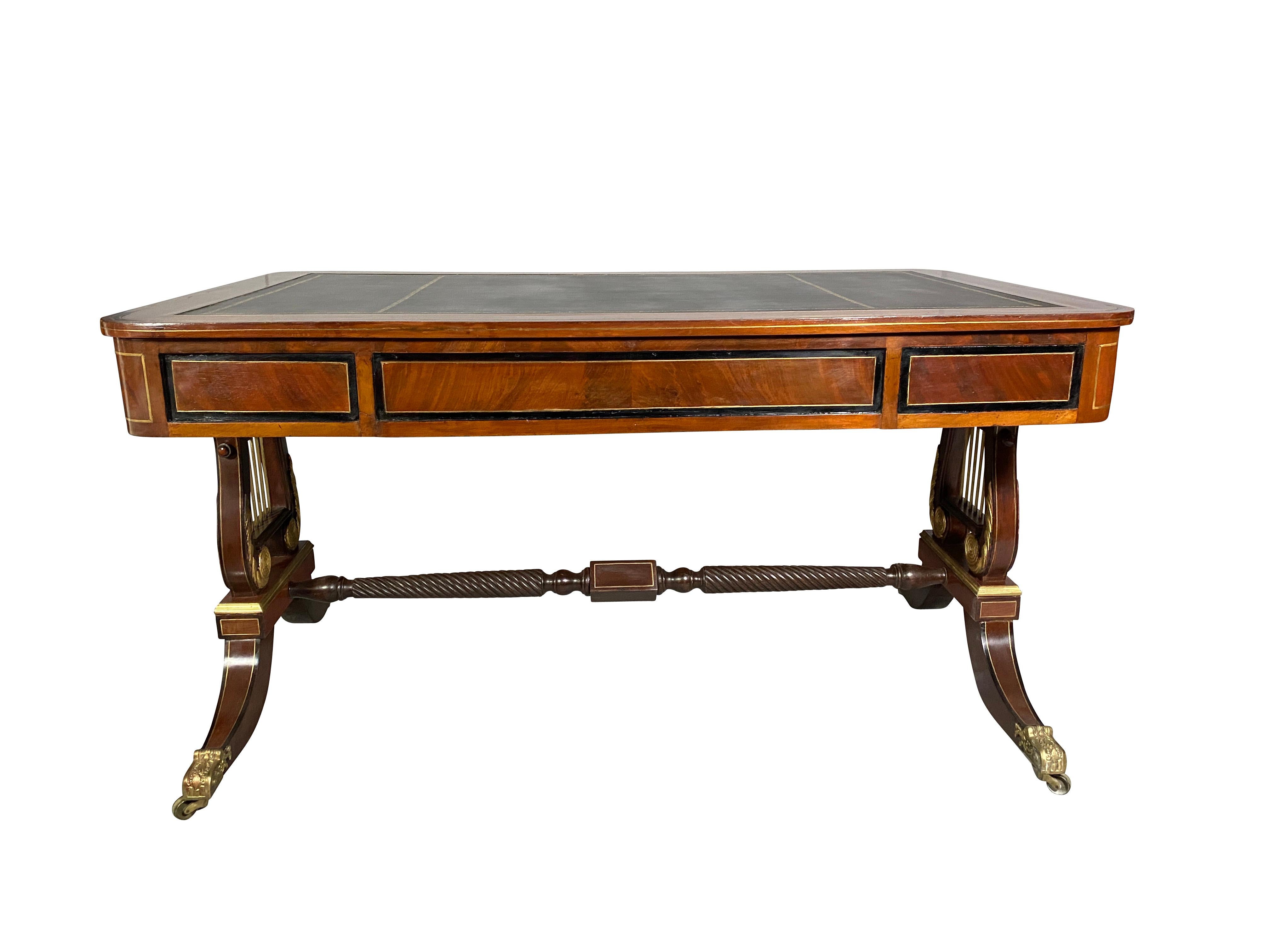 Regency Style Mahogany and Brass Inlaid Writing Table In Good Condition In Essex, MA