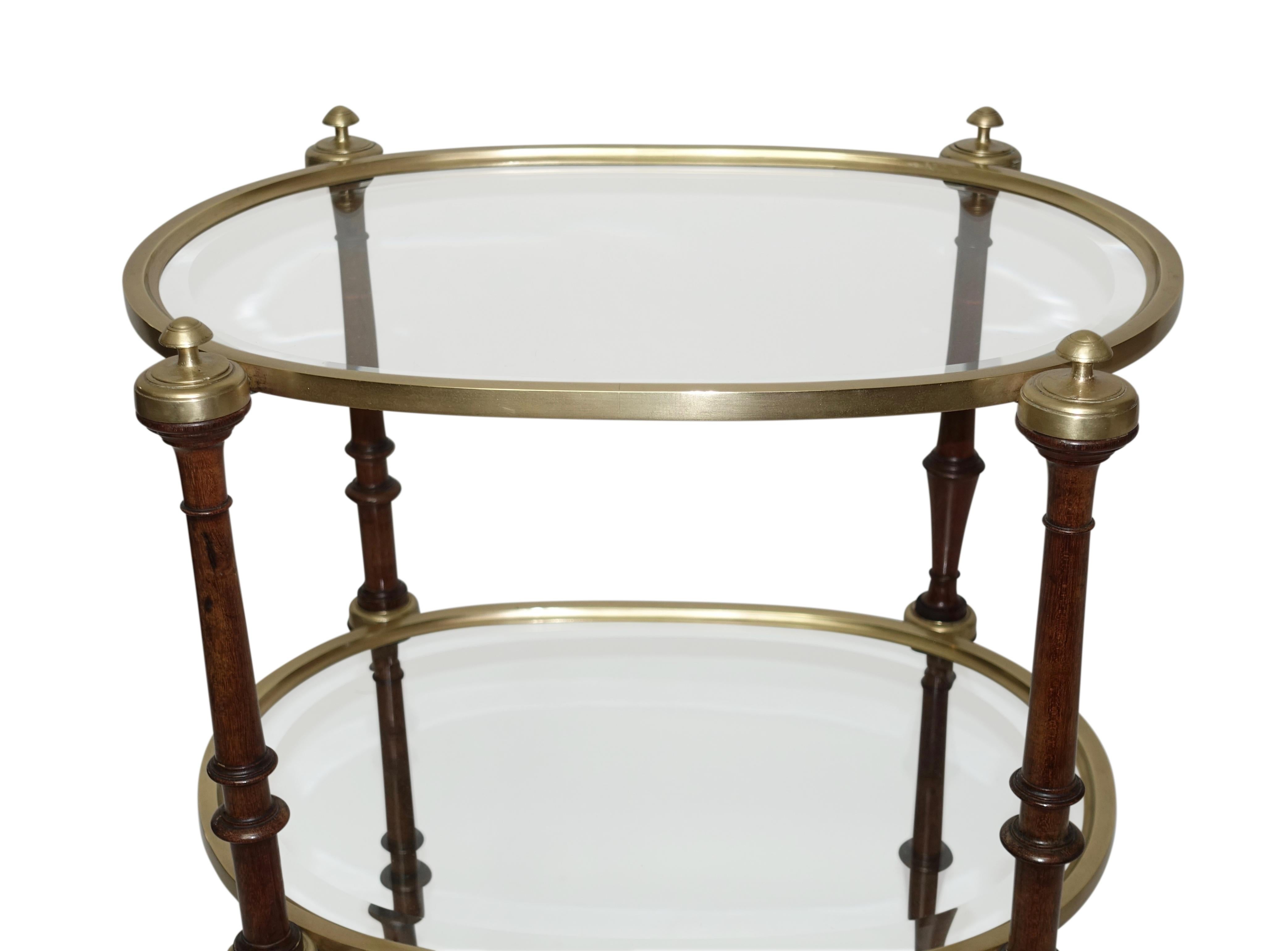 Mahogany Regency style brass three-tier side table with beveled glass top and lower shelves turned mahogany supports with brass trim ending with brass sabots, English, circa 1860.