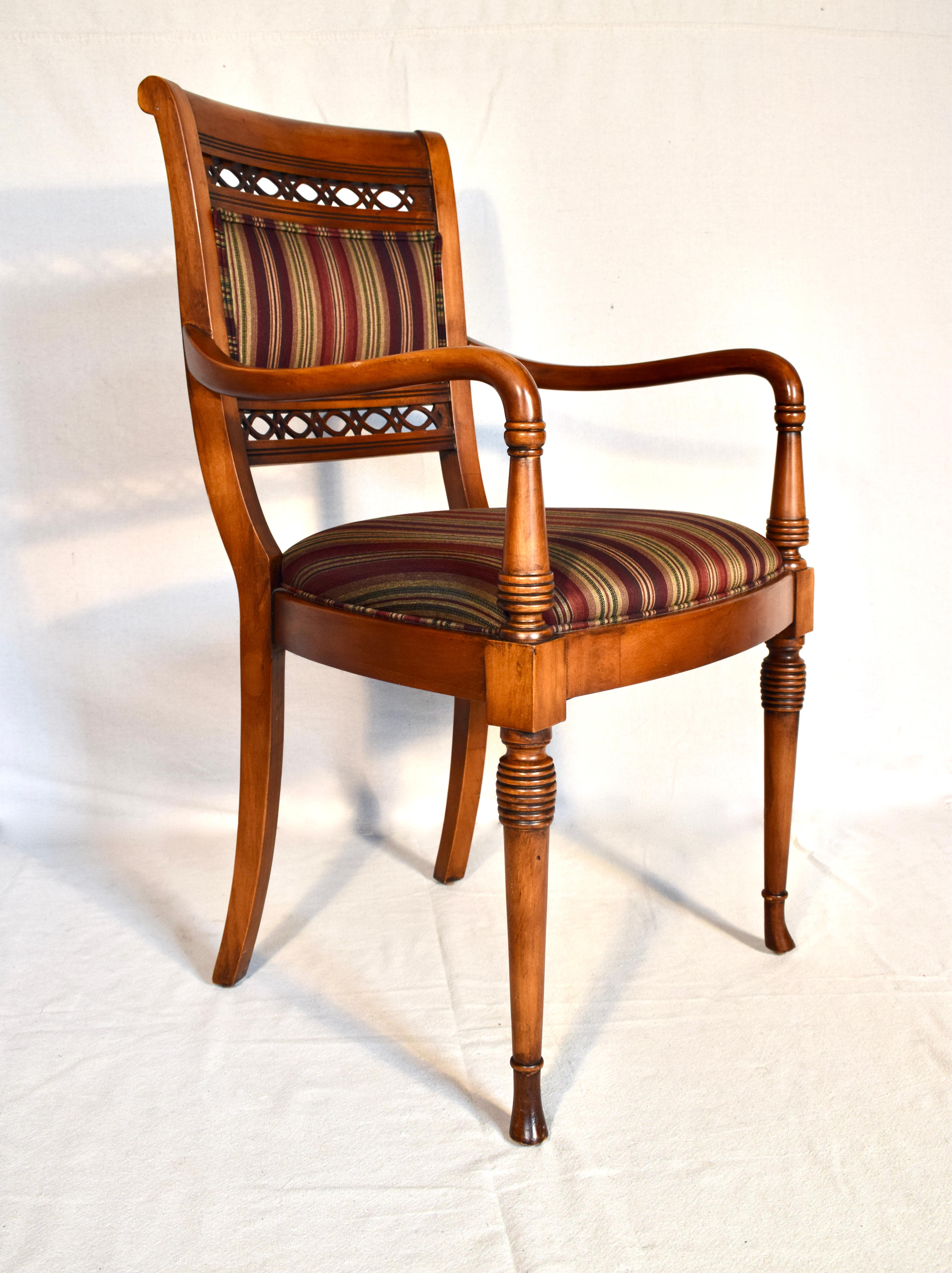 Heirloom quality hand crafted Regency style armchair made in Italy with original tags in rarely if ever used condition. Graceful lines & turnings in the manner & quality of Baker or .Hickory Chair furniture. Seat 19