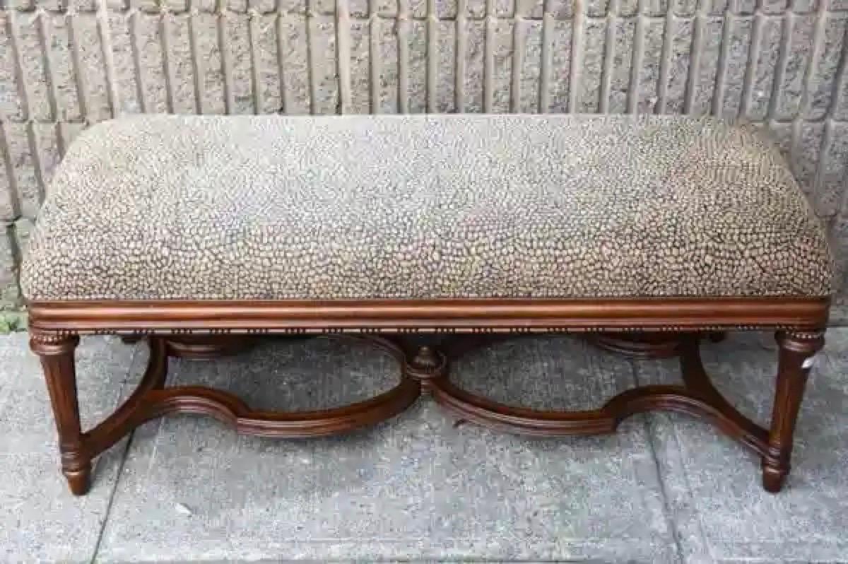 These Regency style upholstered benches in leopard print fabric can be used as a piano bench, vanity bench or extra seating when or wherever needed. Be it Sheraton, Regency, Hepplewhite or Hollywood Regency, these benches will be a wonderful fit