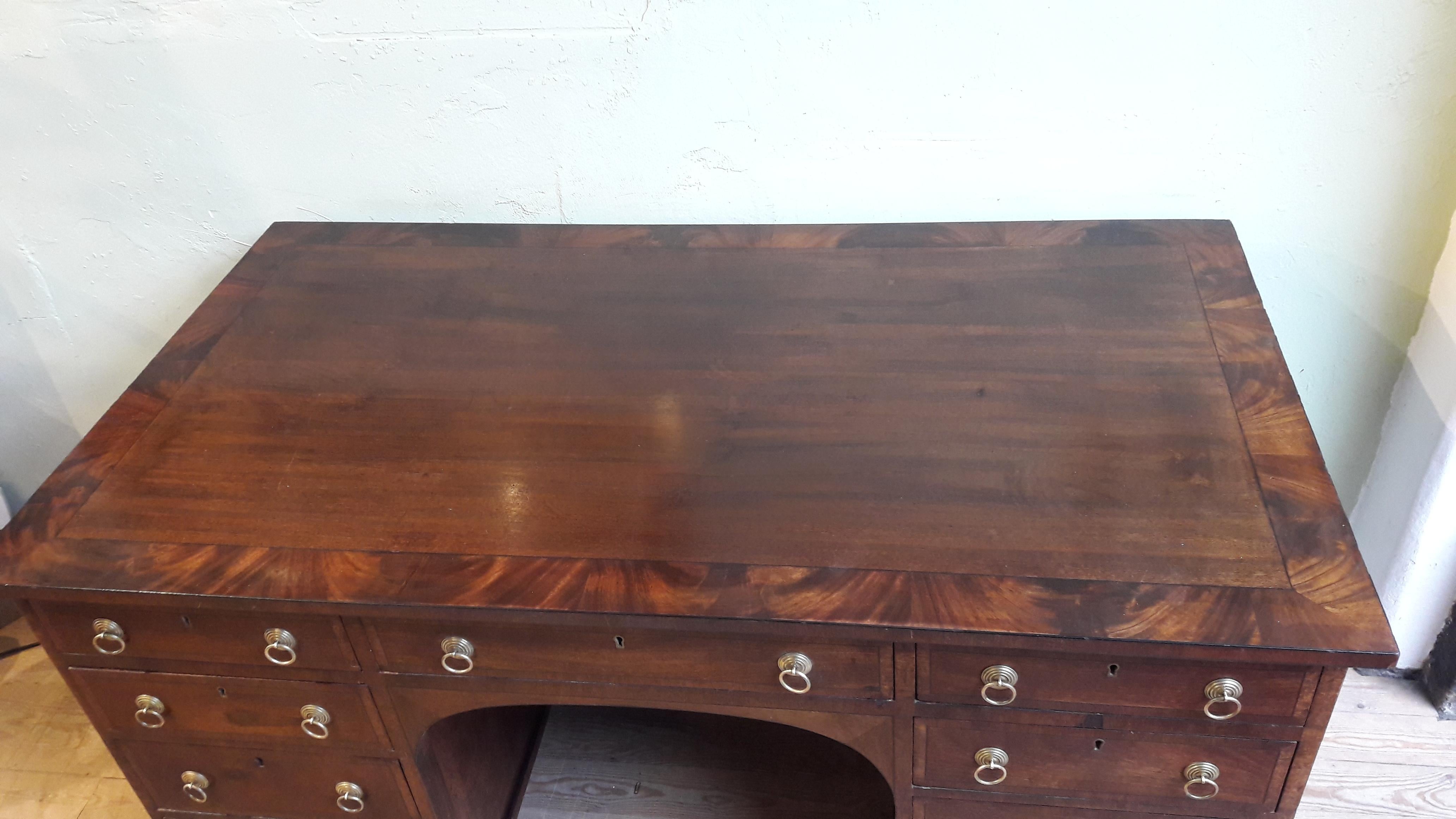 Useful mahogany pedestal desk with brass handles.