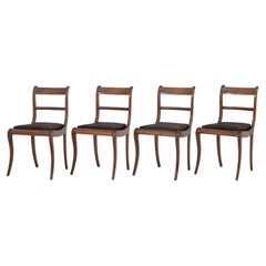 Four Regency Style Mahogany Dining Chairs, Floral Black Upholstered Seats