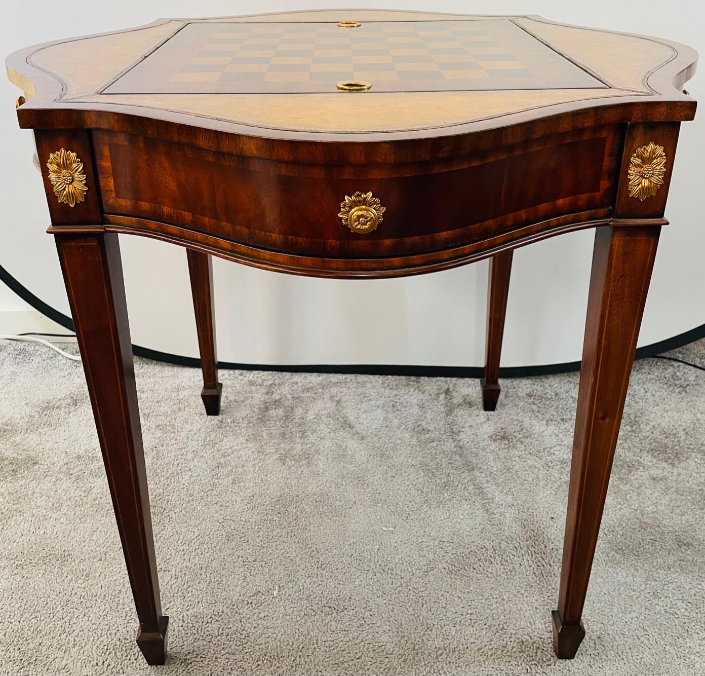 An elegant backgammon/ chest or card game table by Maitland Smith. The Regency style table features two drawers and beautiful curvy design all made of high quality Mahogany wood and veneer with original brass hardware and quality inlay and leather