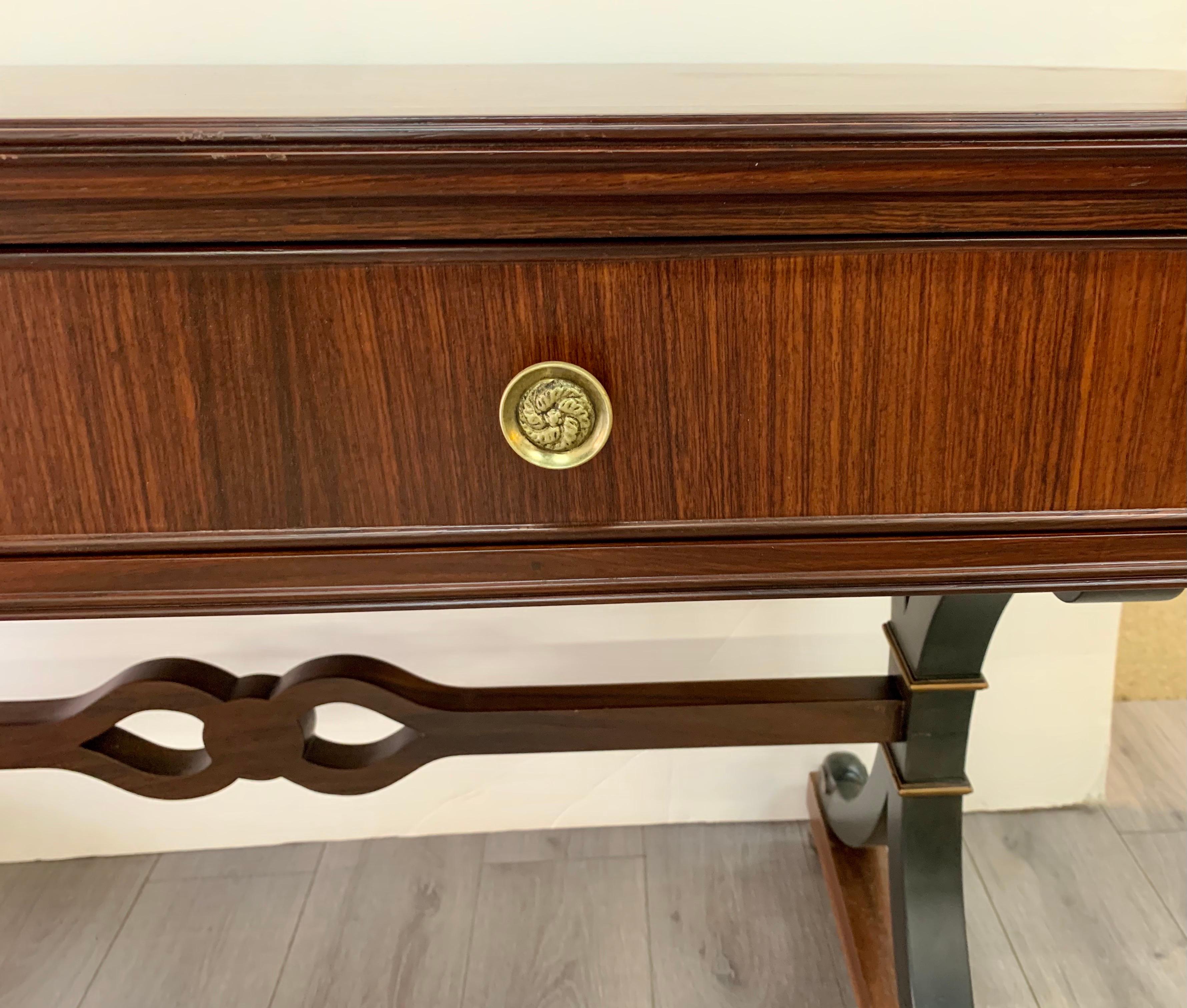 Brass Regency Style Mahogany Inlay Desk Sofa Table