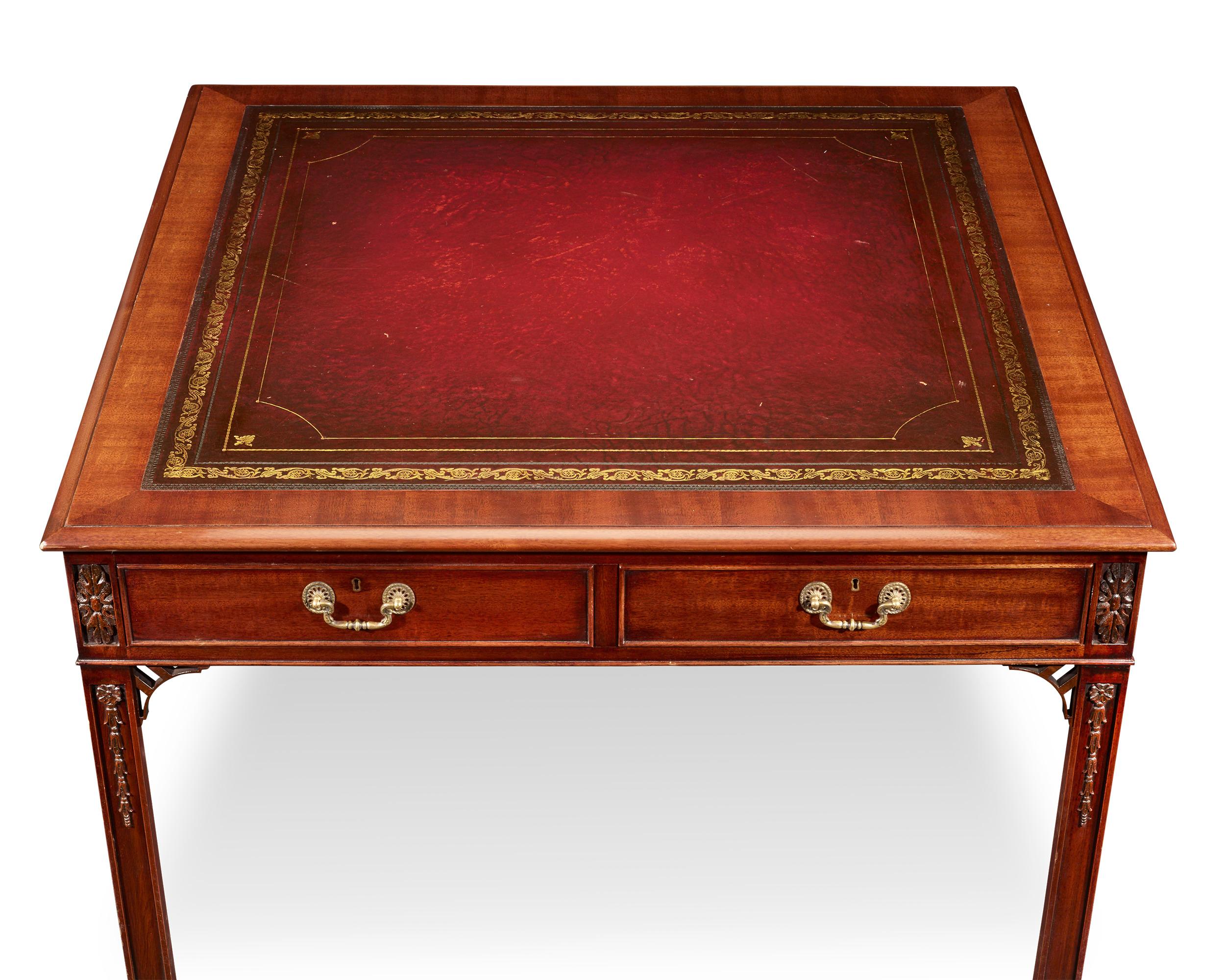 Carved Regency-Style Mahogany Leather-Topped Table For Sale