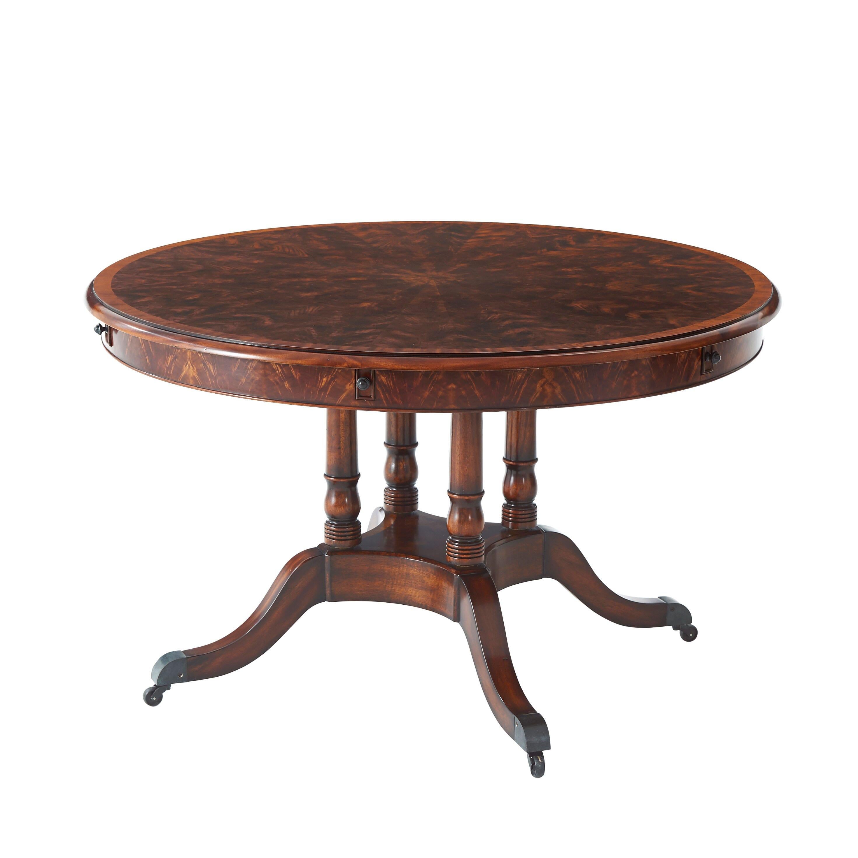 A Regency style mahogany round extending dining table flame veneered and solid mahogany circular extending dining table, the top with a molded edge and pullout / pull-out lopers supporting six crescent-shaped extension leaves, on four turned