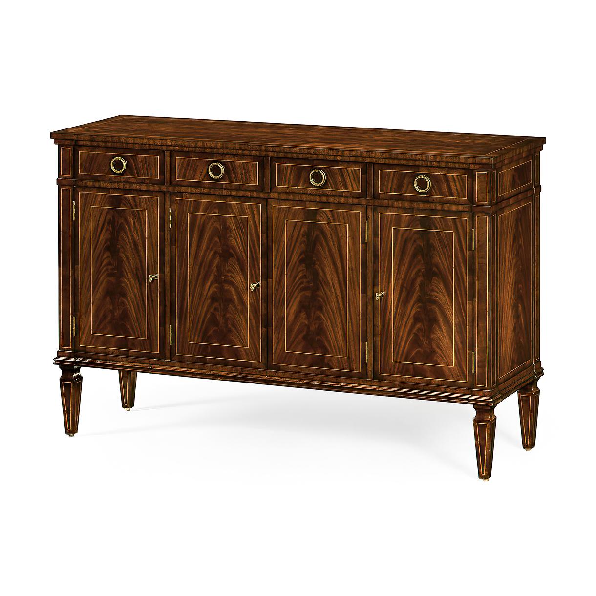 Regency style mahogany flat fronted rectangular sideboard with four doors, flame figured mahogany veneers, and four drawers at the top and all with oak secondary woods. Contrasting stringing throughout and raised on square cross-section