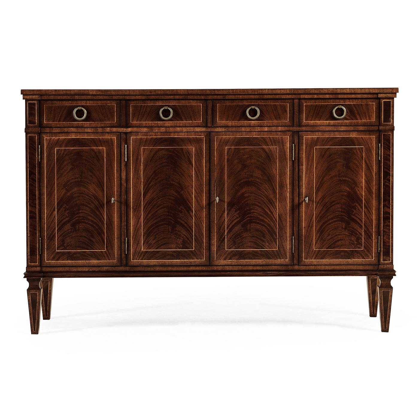 Regency style mahogany flat fronted rectangular sideboard with four doors, flame figured mahogany veneers, and four drawers at the top and all with oak secondary woods. Contrasting stringing throughout and raised on square cross-section