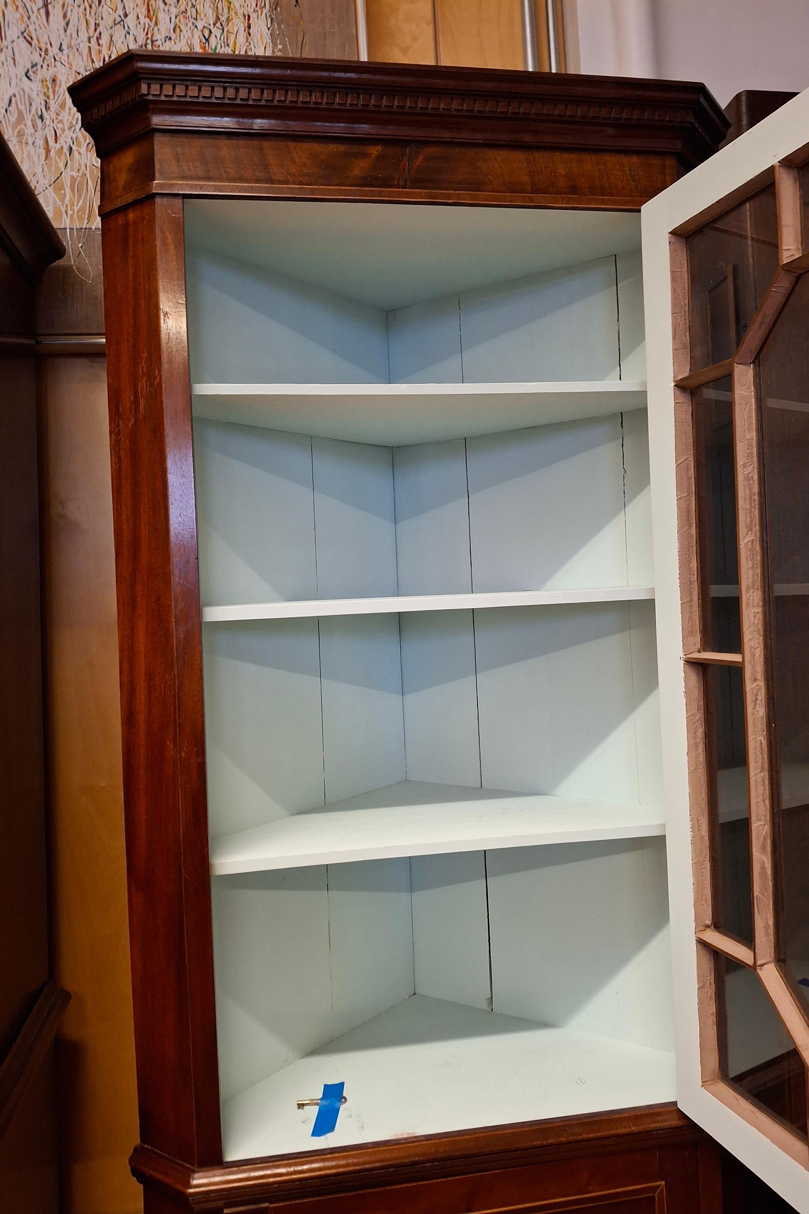 20th Century Regency Style Mahogany String Inlay Corner Cabinet For Sale