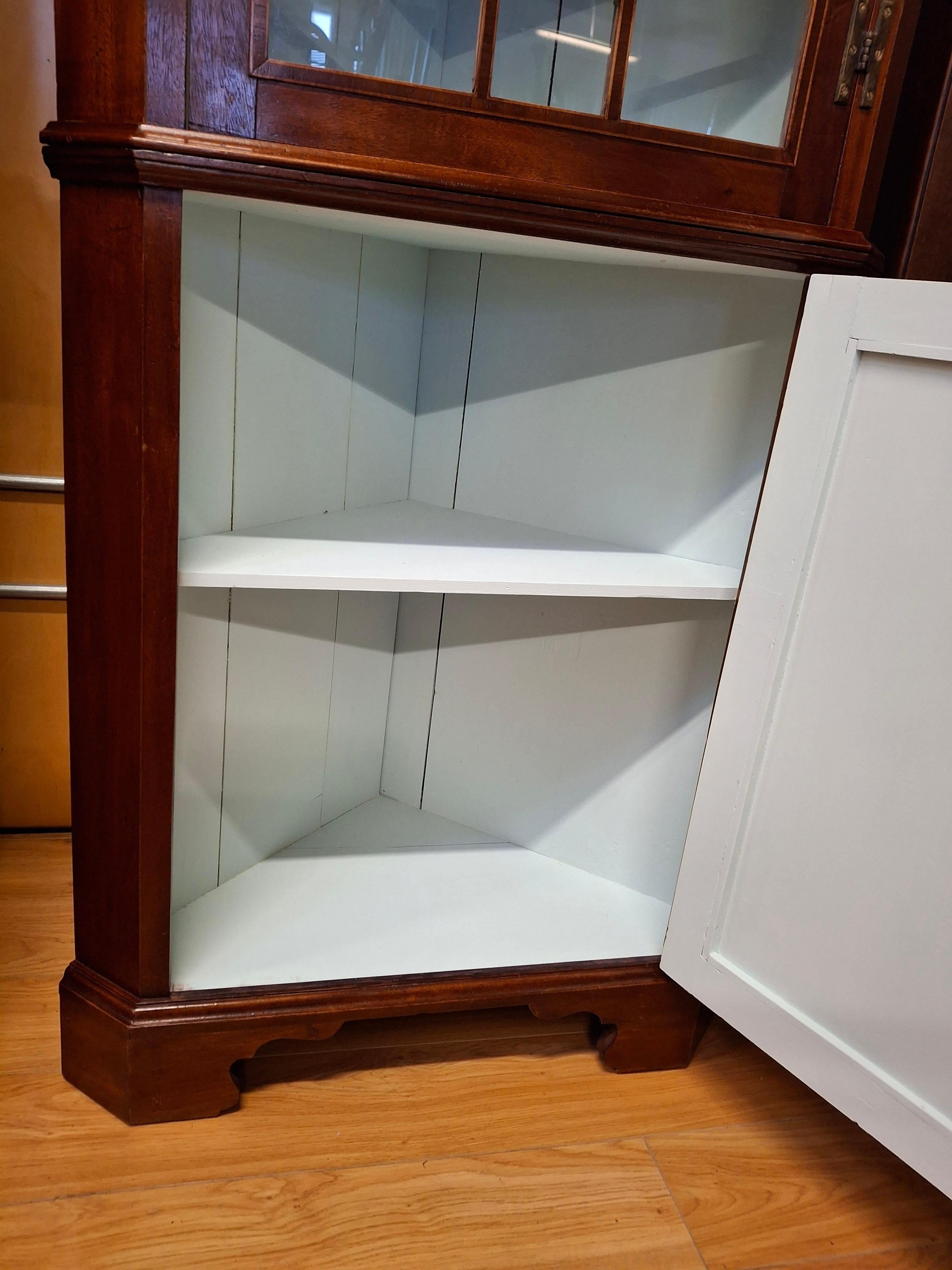Glass Regency Style Mahogany String Inlay Corner Cabinet For Sale