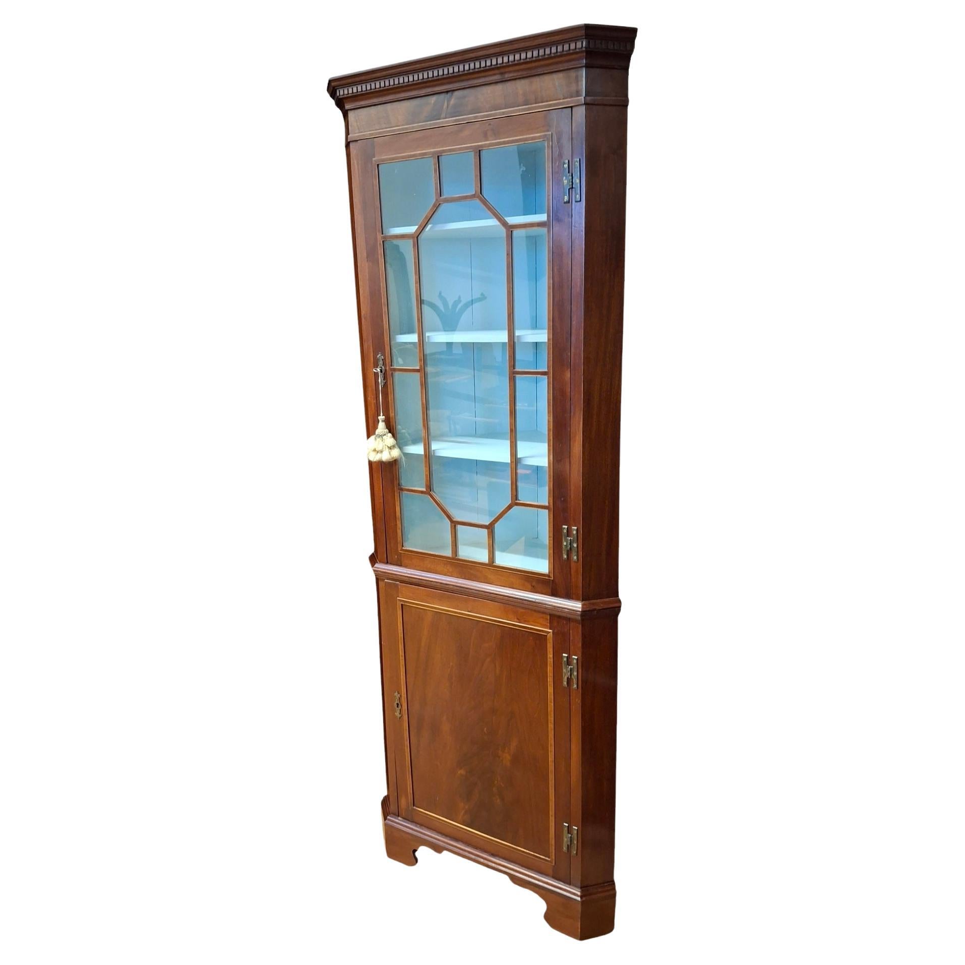 Regency Style Mahogany String Inlay Corner Cabinet