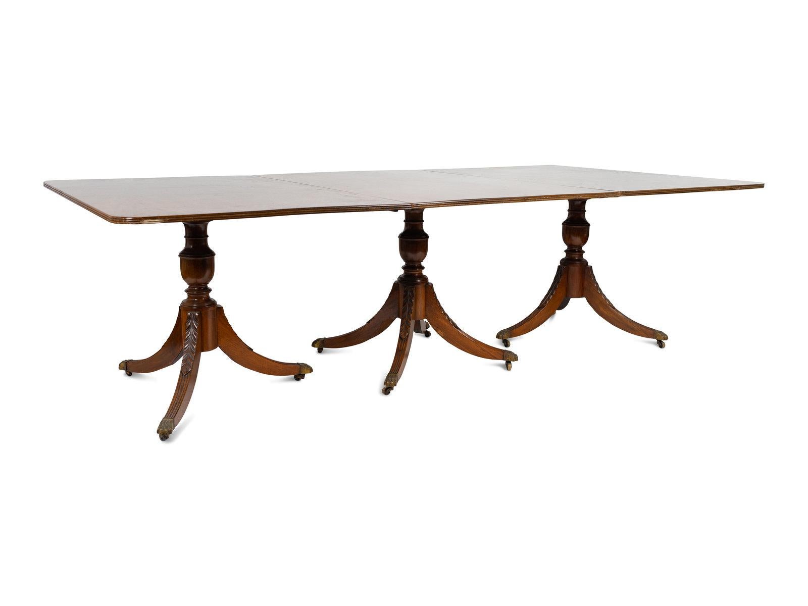 English Regency Style Mahogany Three Pedestal Dining Table, Early 20th Century For Sale