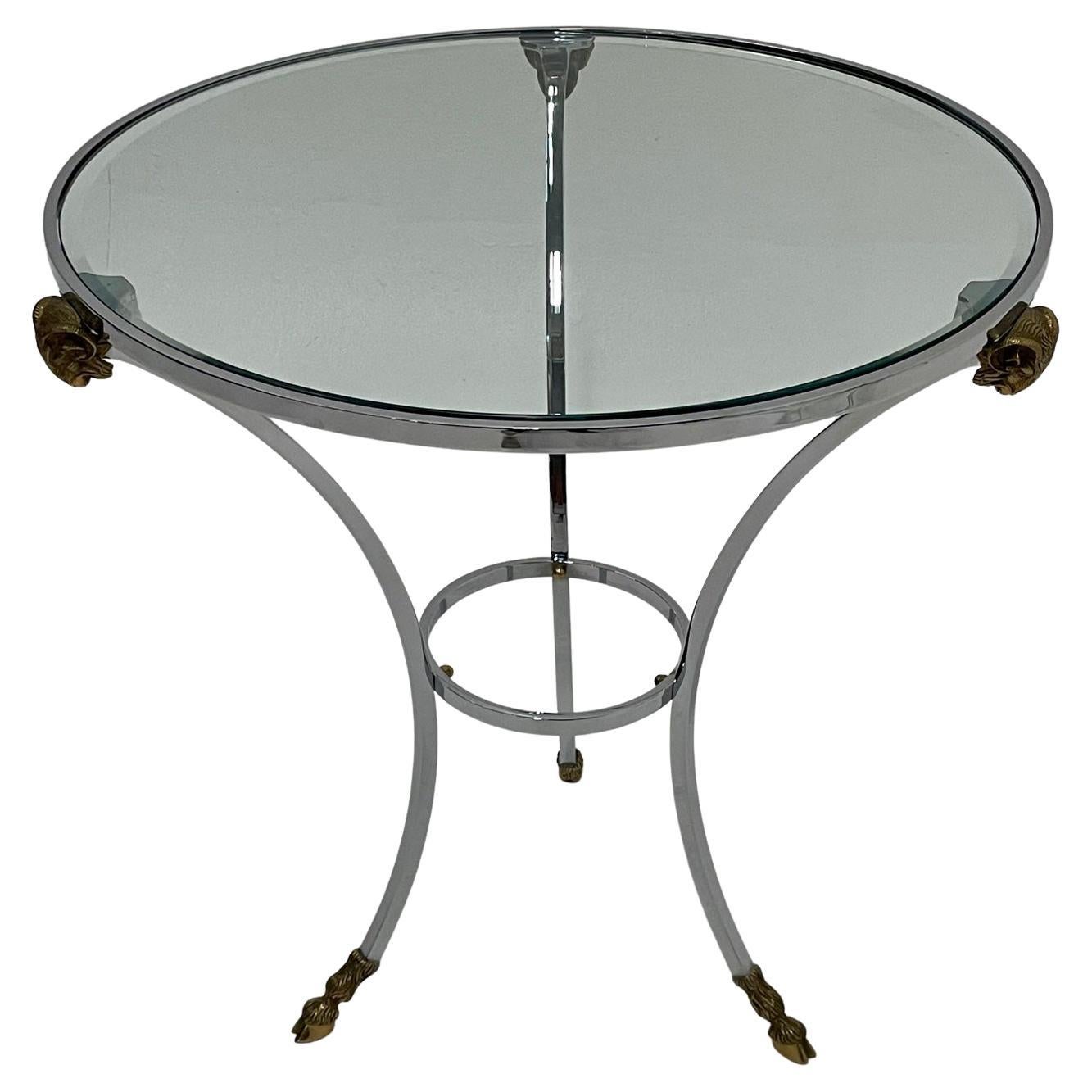 Regency Style Maison Jansen Steel Brass & Glass Round Gueridon Side Table