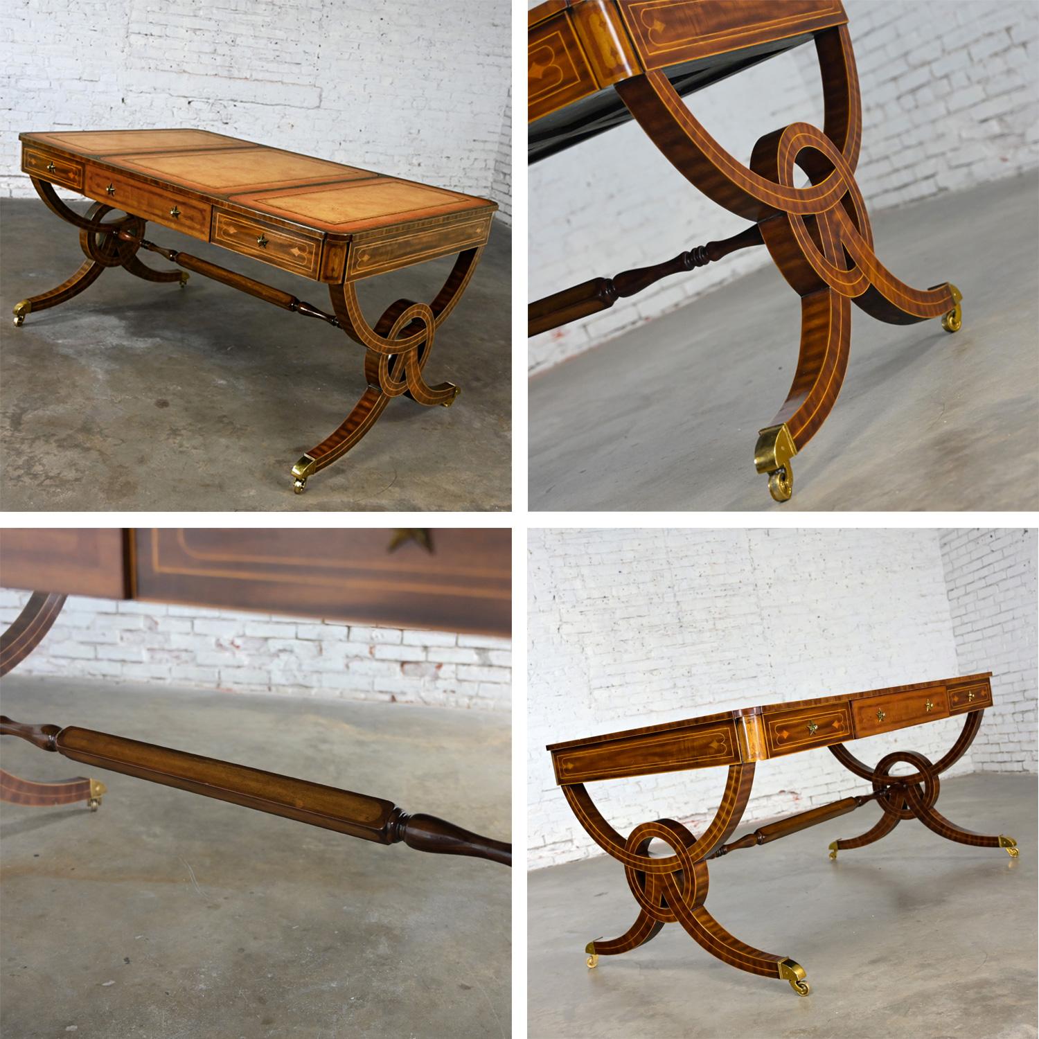 Regency Style Maitland Smith Mahogany Faux Partners Desk Leather & Brass Details For Sale 13