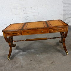 Regency Style Maitland Smith Mahogany Faux Partners Desk Leather & Brass Details