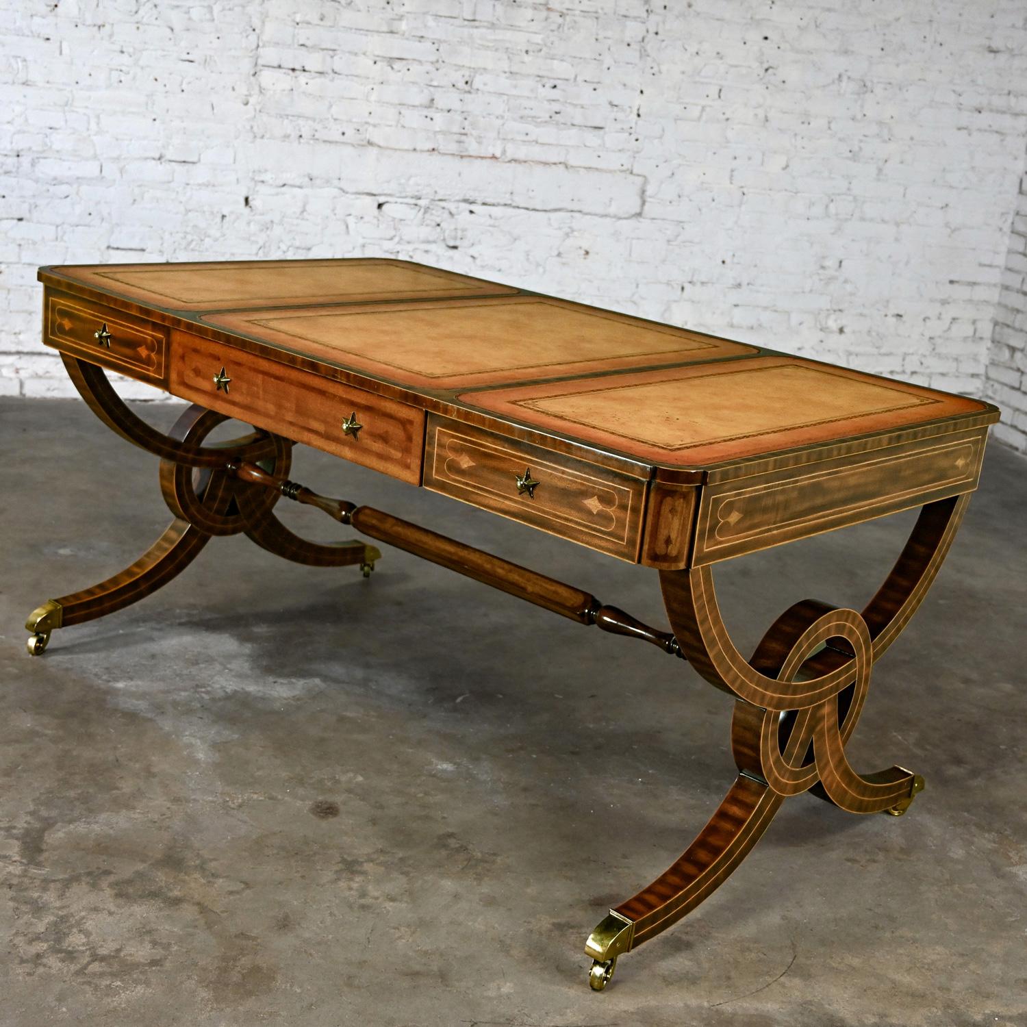 Regency Style Maitland Smith Mahogany Faux Partners Desk Leather & Brass Details For Sale 14