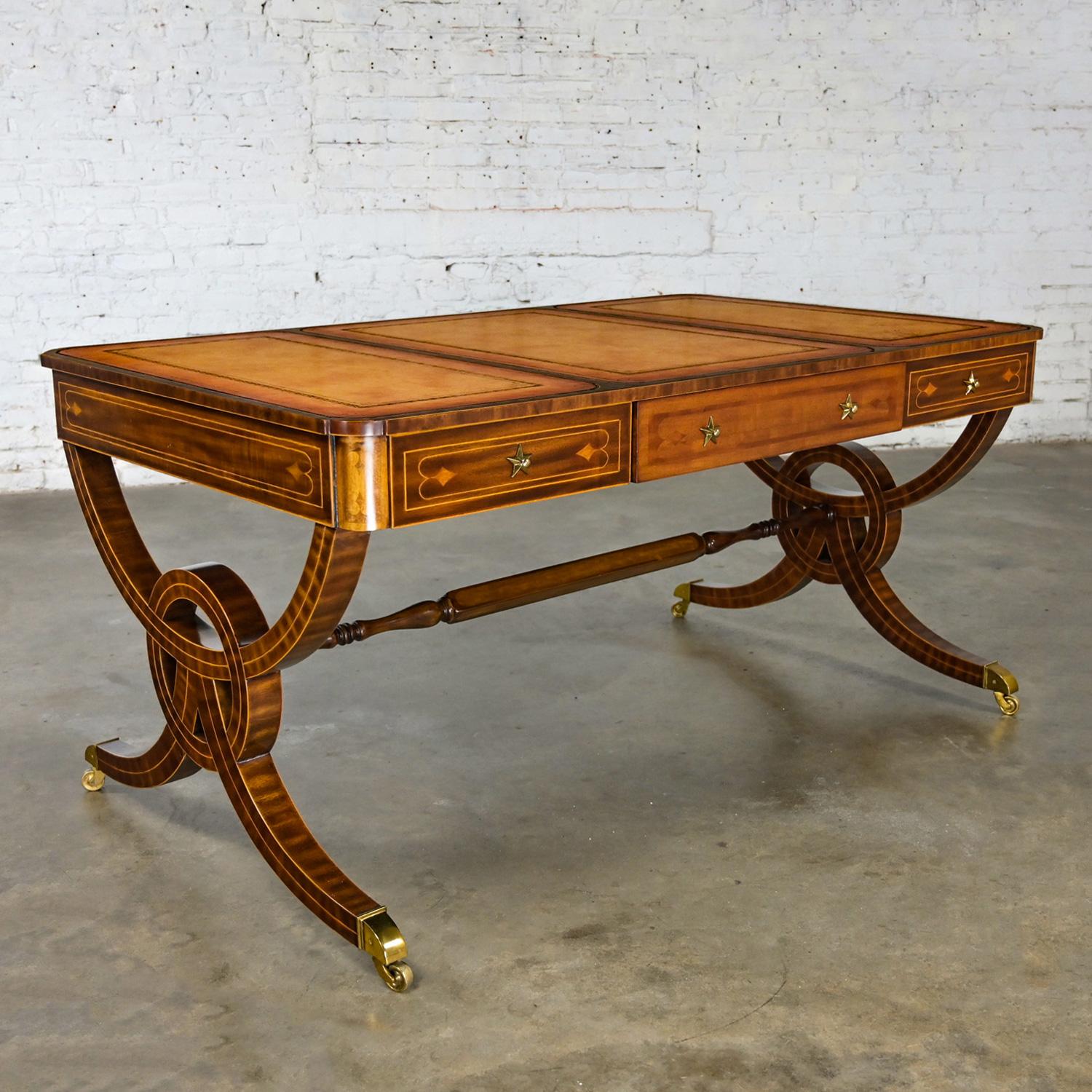 Philippine Regency Style Maitland Smith Mahogany Faux Partners Desk Leather & Brass Details For Sale
