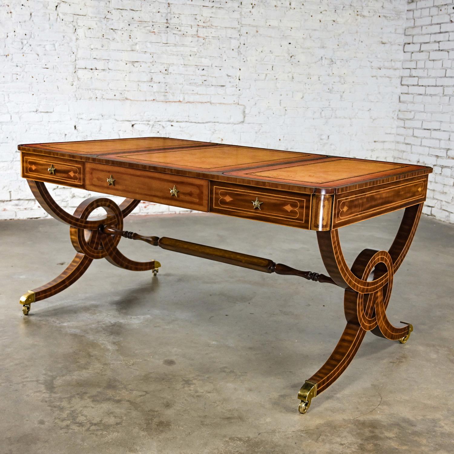 Regency Style Maitland Smith Mahogany Faux Partners Desk Leather & Brass Details In Good Condition For Sale In Topeka, KS