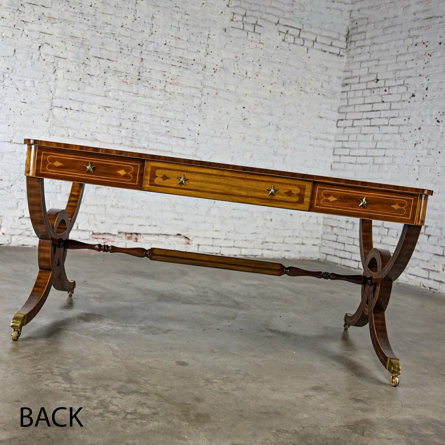 20th Century Regency Style Maitland Smith Mahogany Faux Partners Desk Leather & Brass Details For Sale
