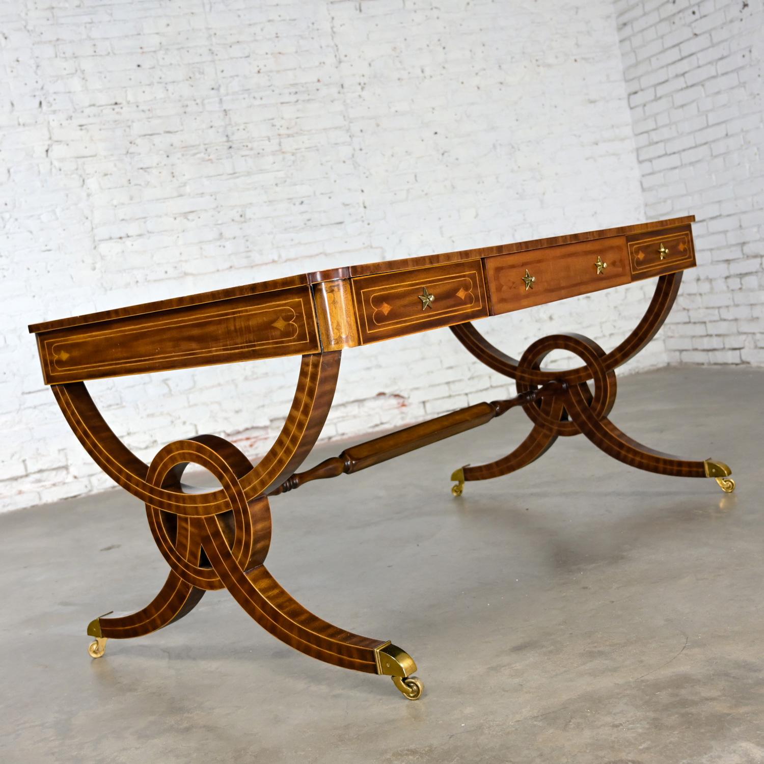 Regency Style Maitland Smith Mahogany Faux Partners Desk Leather & Brass Details For Sale 1