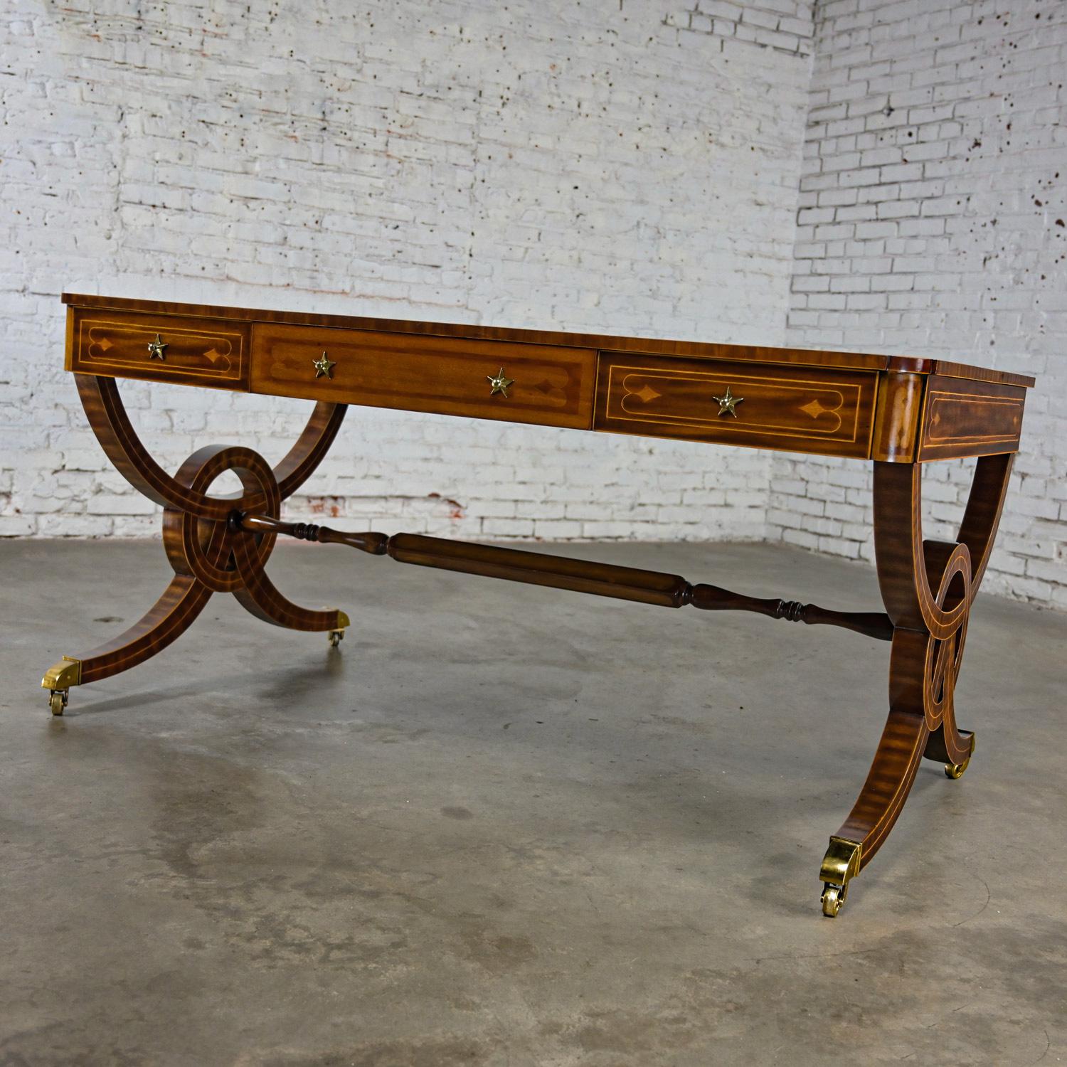 Regency Style Maitland Smith Mahogany Faux Partners Desk Leather & Brass Details For Sale 2