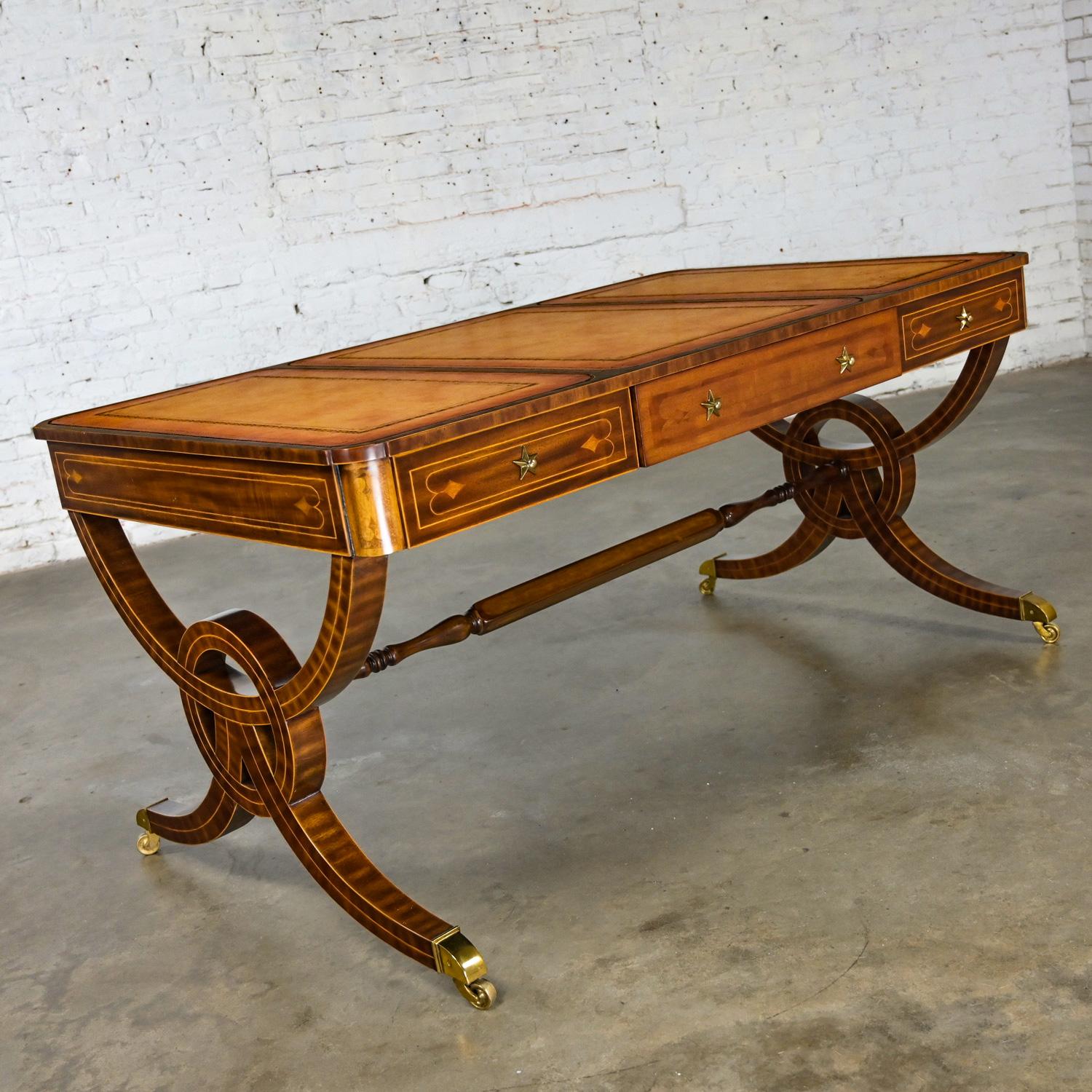 Regency Style Maitland Smith Mahogany Faux Partners Desk Leather & Brass Details For Sale 3