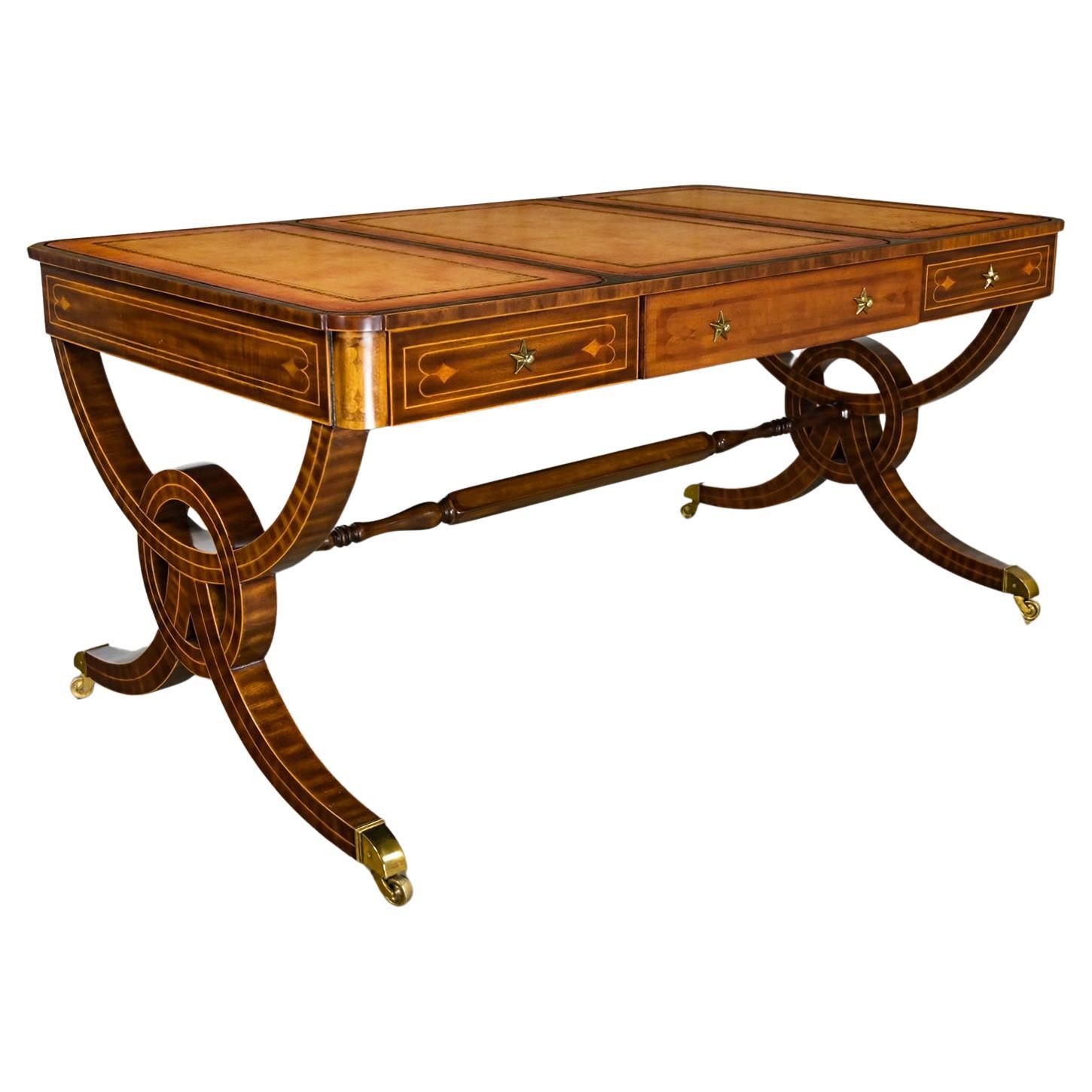 Regency Style Maitland Smith Mahogany Faux Partners Desk Leather & Brass Details For Sale