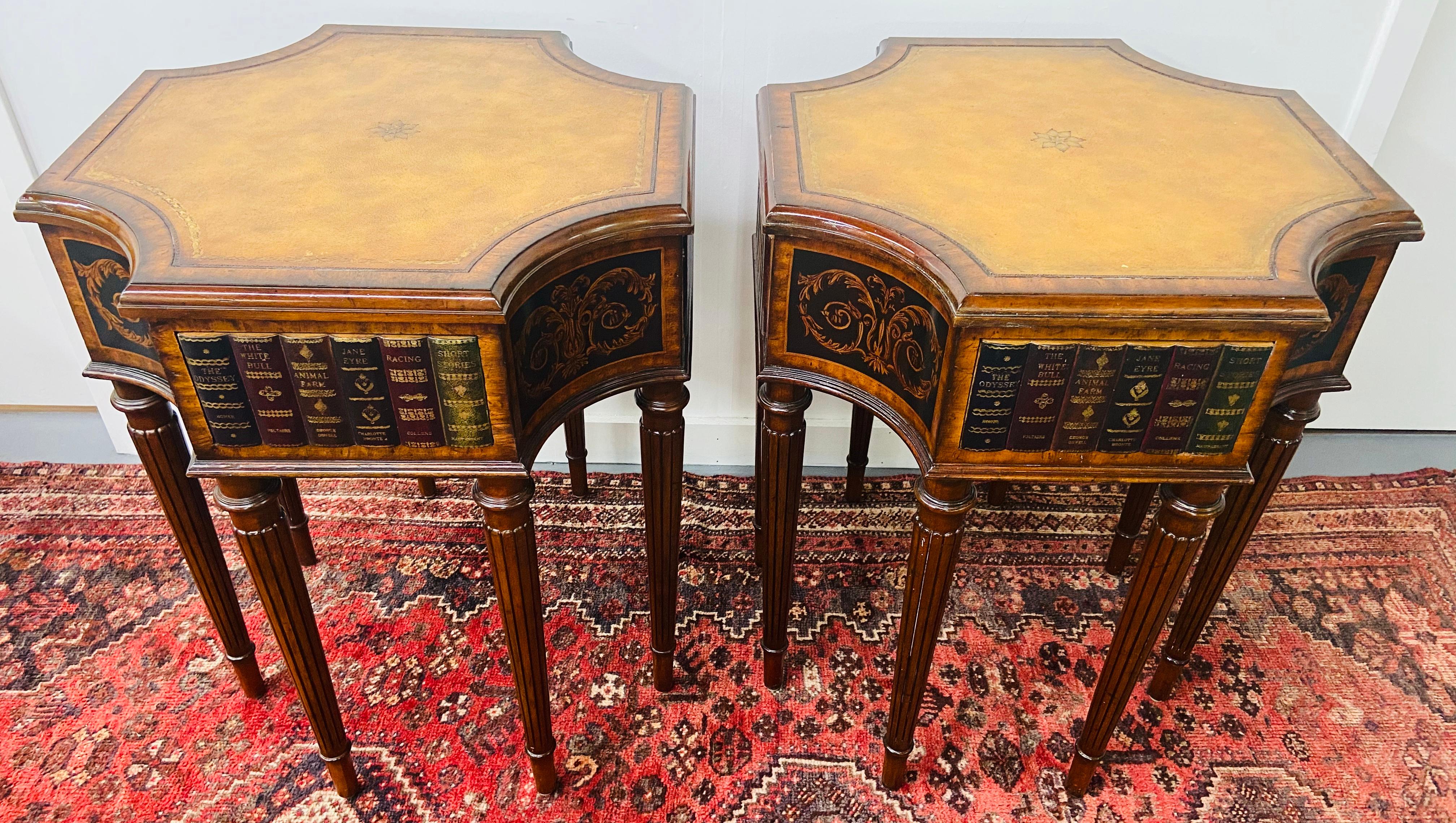 This timeless pair of Maitland Smith mahogany and leather library book tables in Regency style features an ingenious pattern. Each octagonal shaped table has four drawers with leather books front and a gold leather tooled top and eight columnar