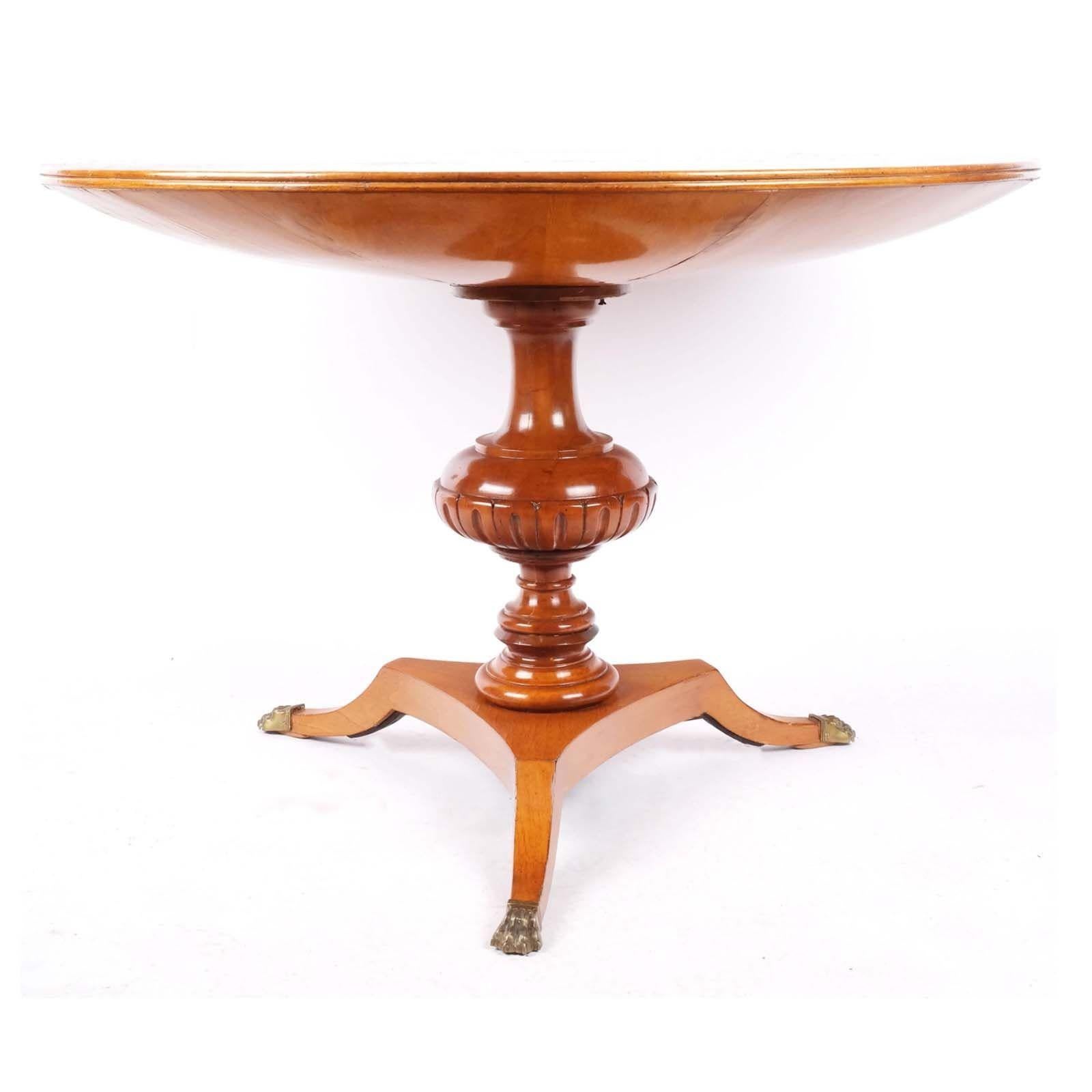 French Regency-Style Maple & Walnut Sunburst Inlaid Pedestal Table For Sale