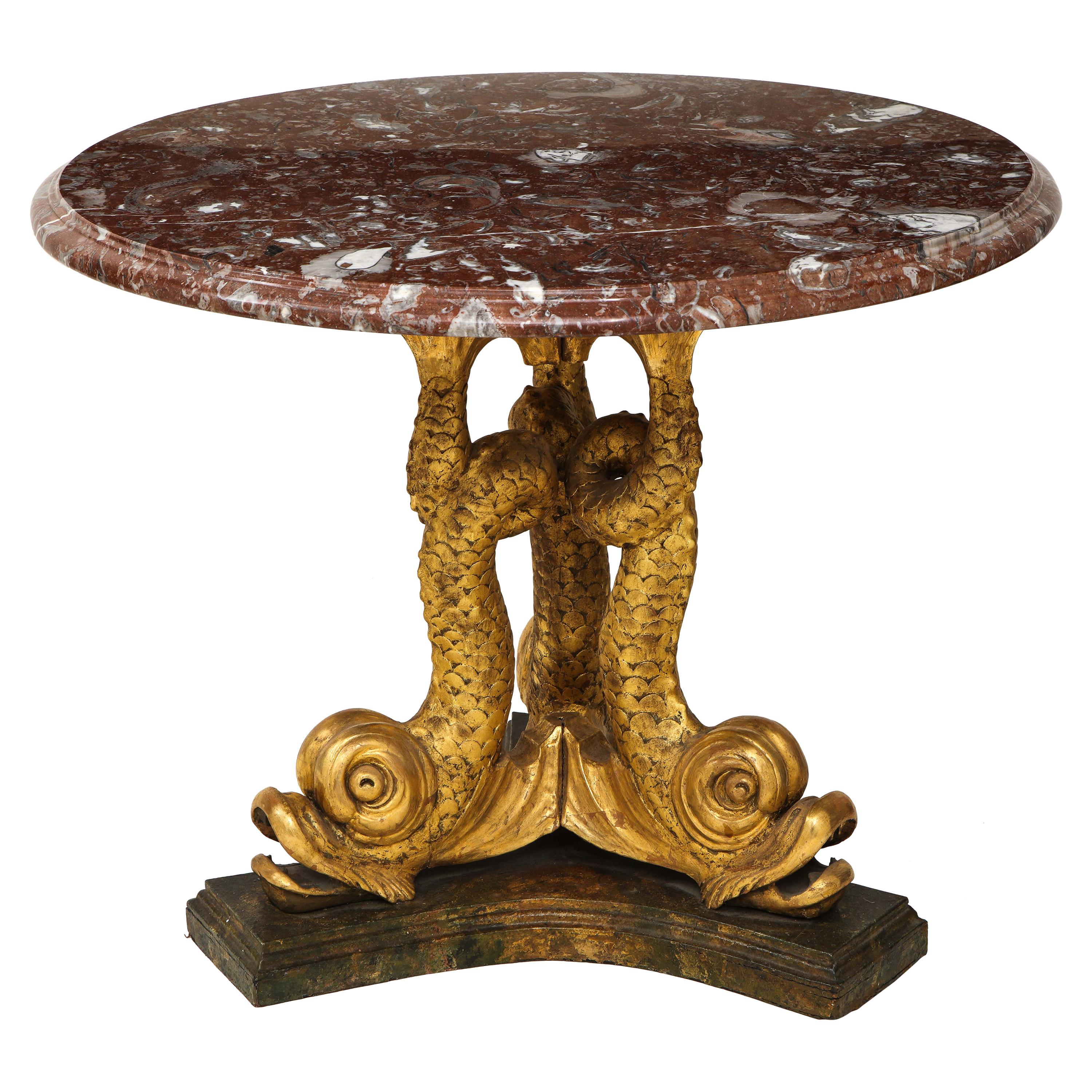 Regency Style Marble and Gilt Gesso Dolphin Center Table