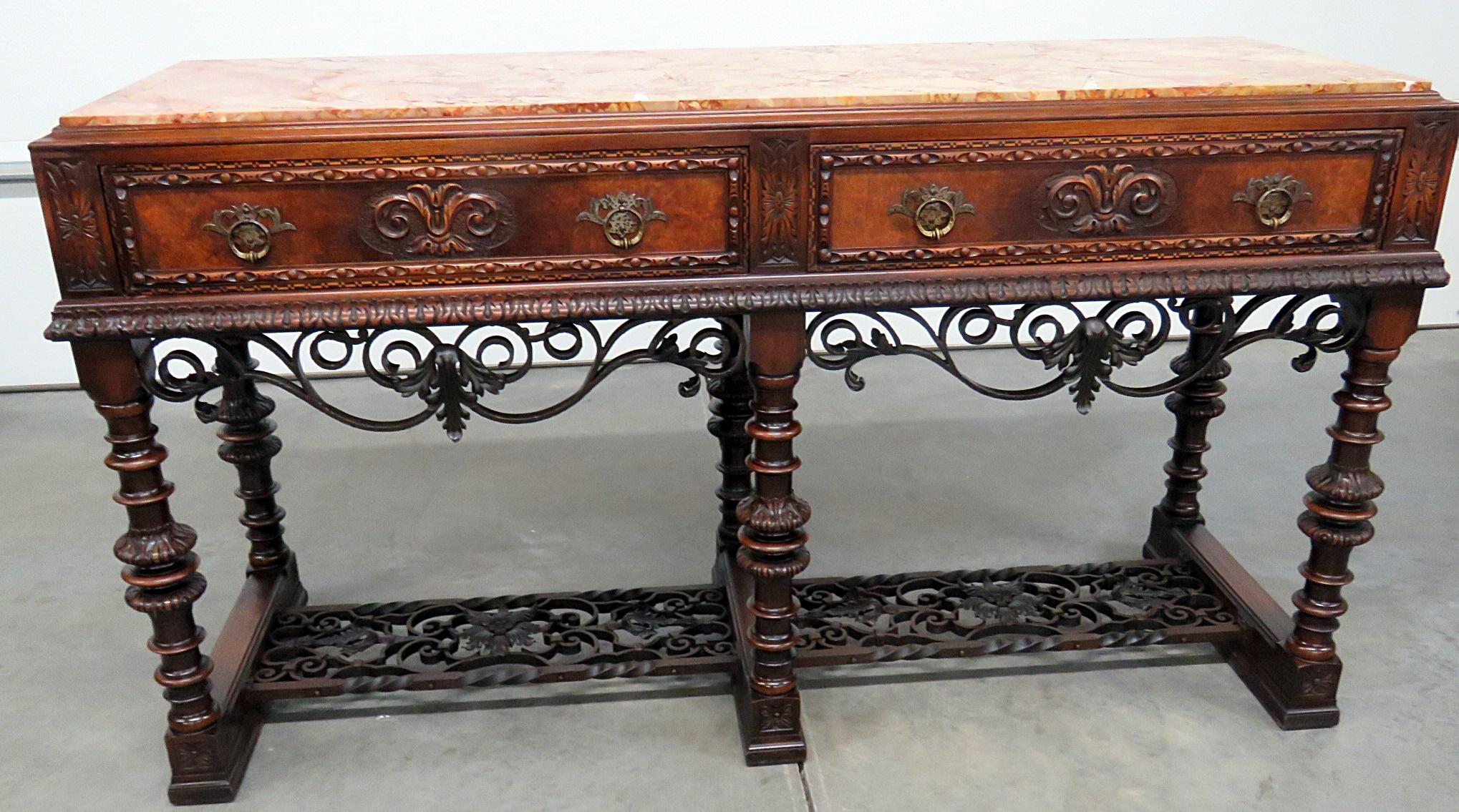 Spanish style marble-top 3-drawer sideboard with iron accents.