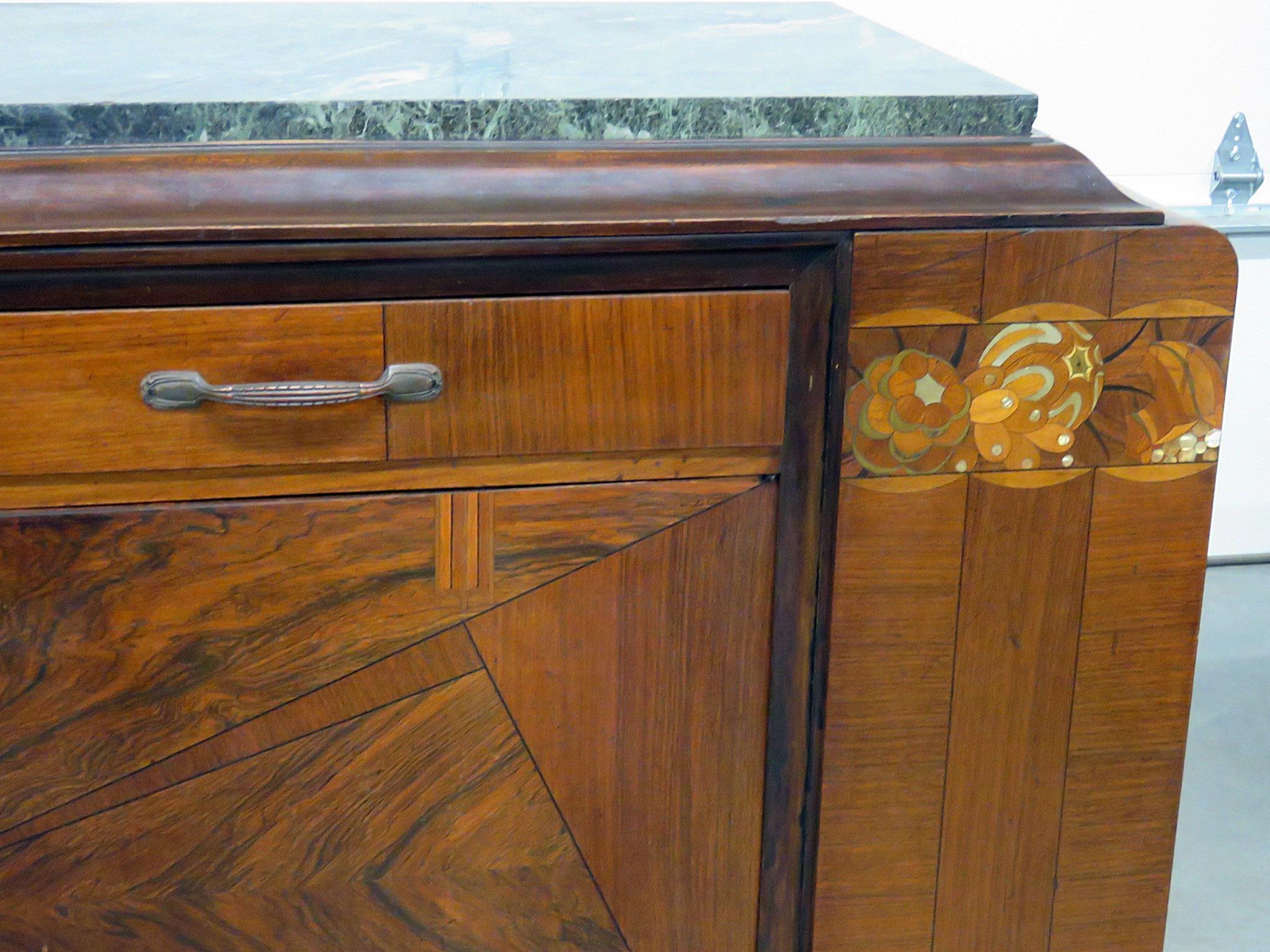 Regency style marble-top sideboard with 2 drawers over 2 doors containing 1 shelf.