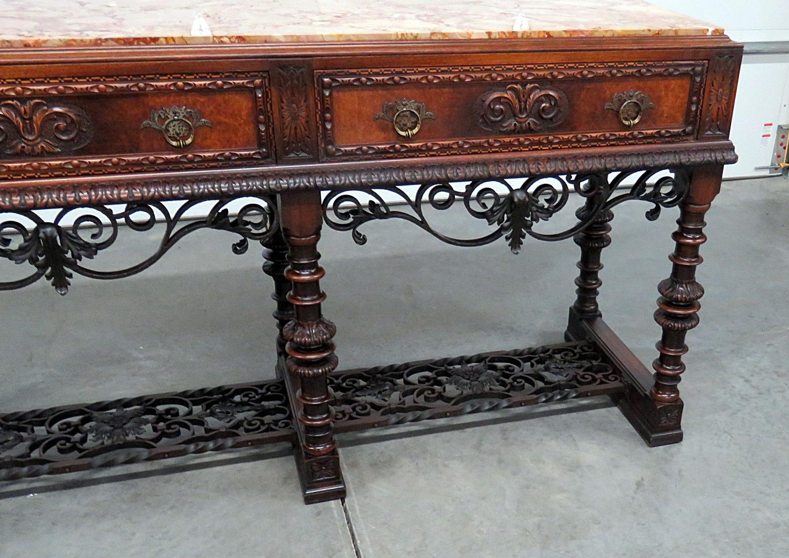 Spanish Iron Scrollwork Marble Top Buffet Server Sideboard In Good Condition In Swedesboro, NJ