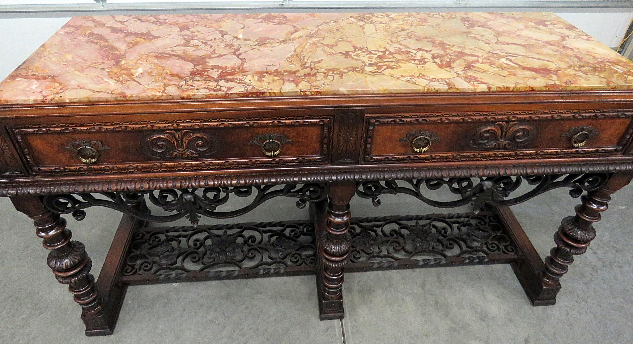 20th Century Spanish Iron Scrollwork Marble Top Buffet Server Sideboard