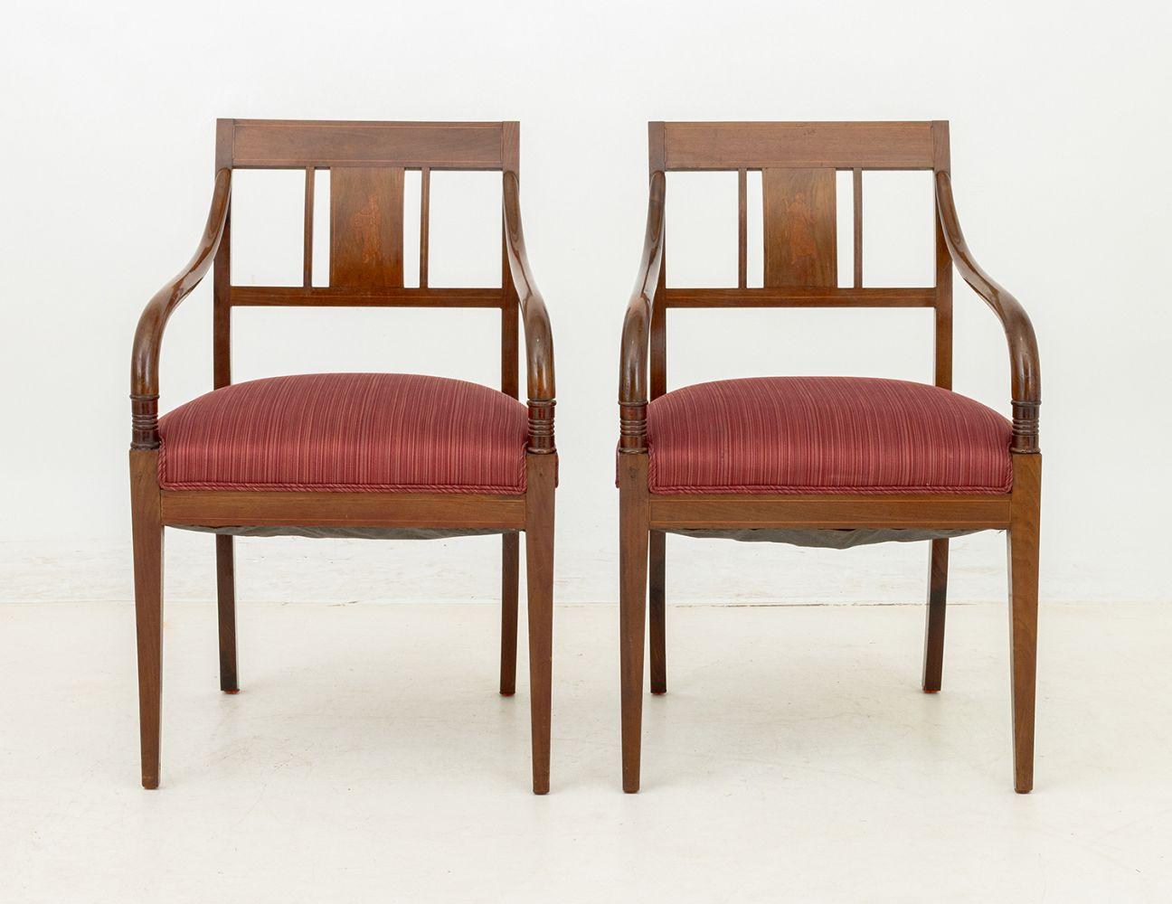 Pair of Regency Style Figural Marquetry Walnut Arm Chairs, each with scroll arms and red upholstered seats. 33.75