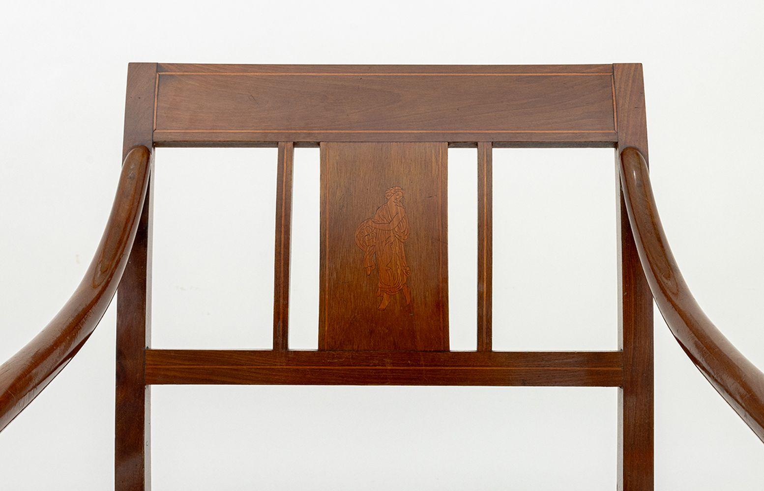 British Regency Style Marquetry Walnut Armchairs, Pair For Sale