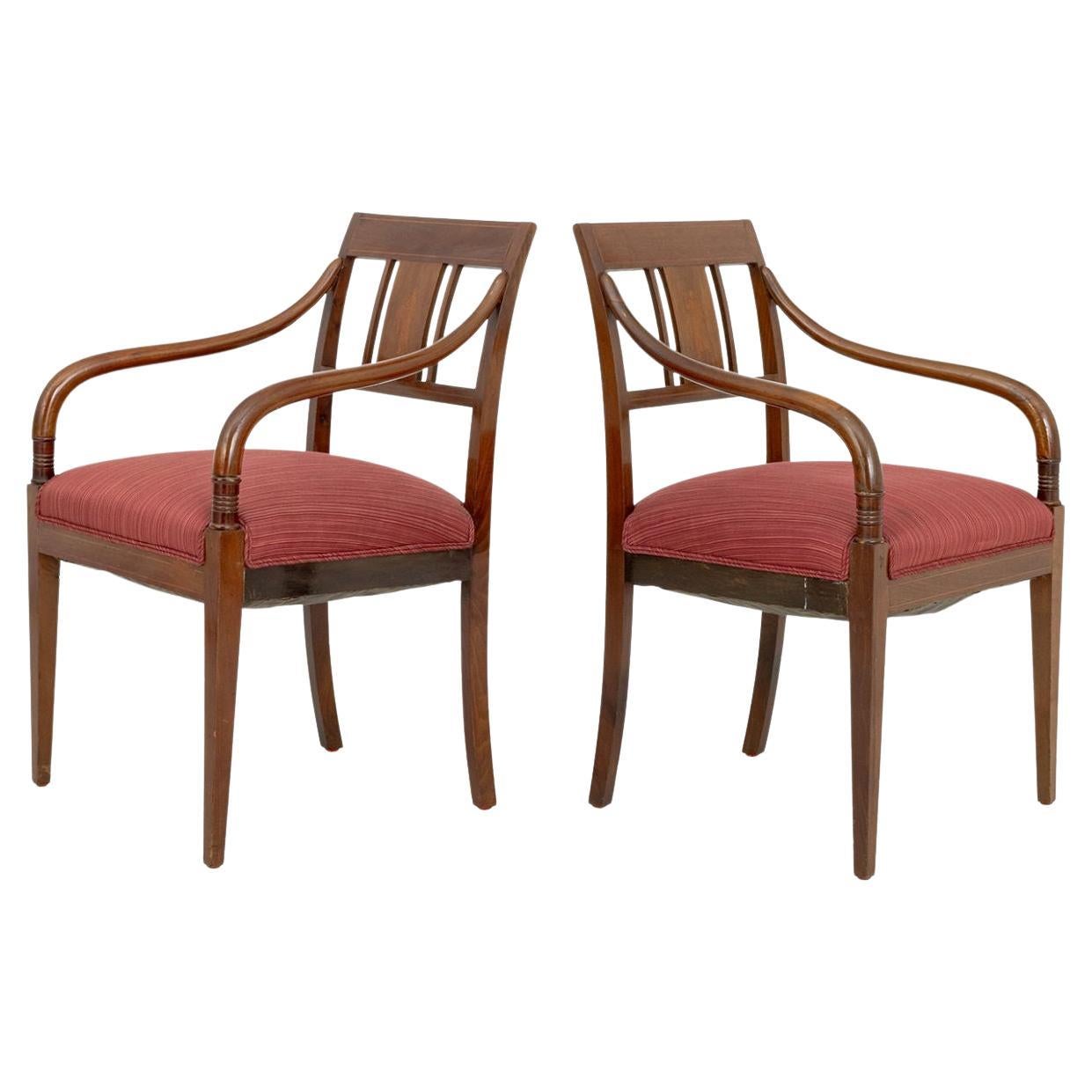 Regency Style Marquetry Walnut Armchairs, Pair For Sale
