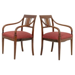 Regency Style Marquetry Walnut Armchairs, Pair