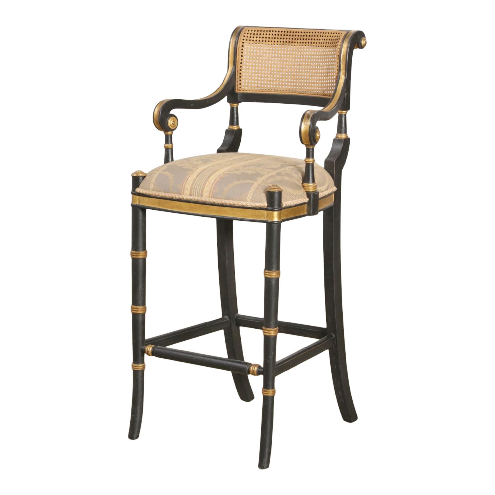 Regency Style Minton-Spidell Giltwood & Ebony Caned Mansfield Bar Stool  For Sale