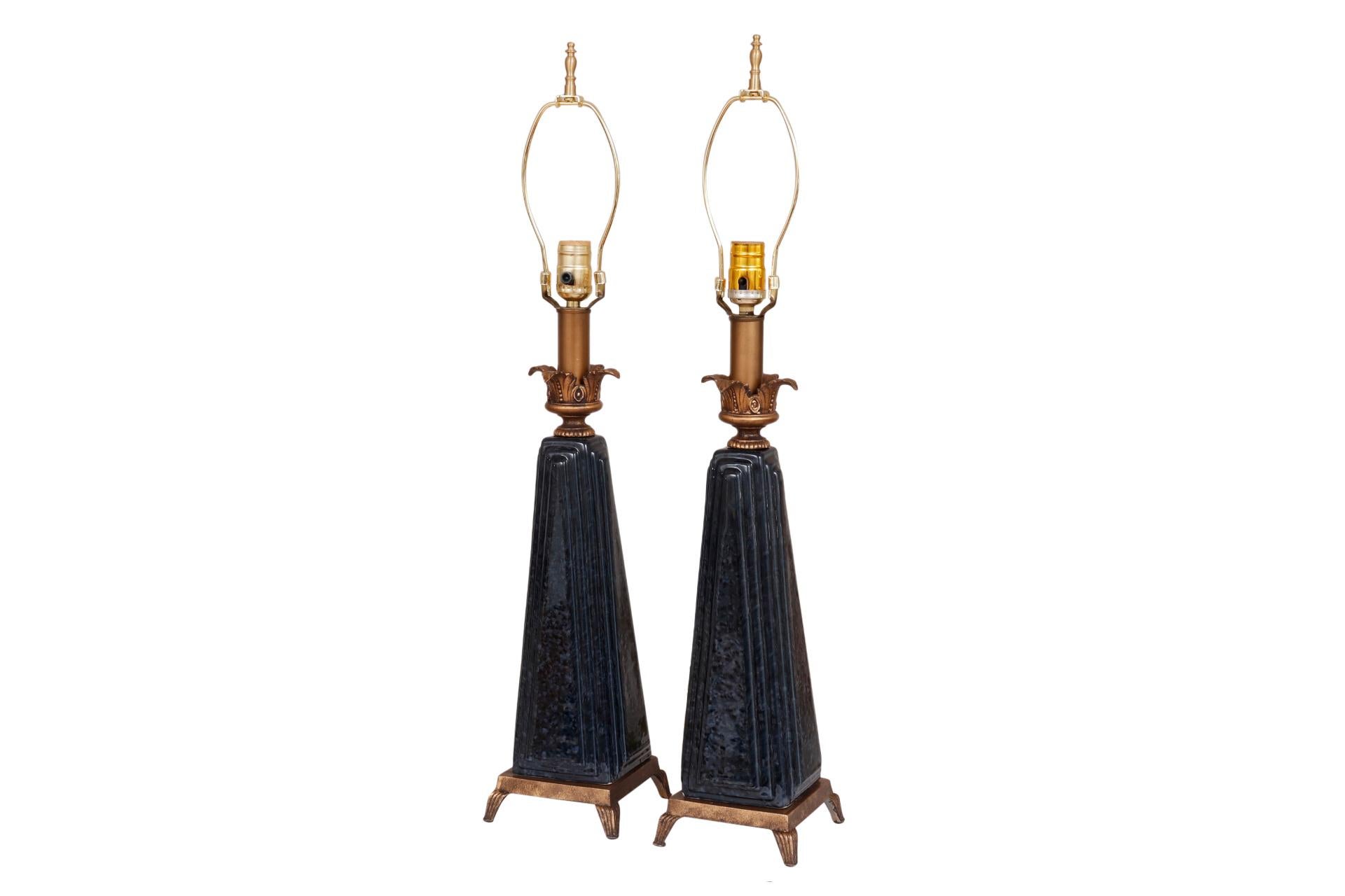 Regency Style Navy Ceramic Table Lamps, a Pair In Good Condition In Bradenton, FL