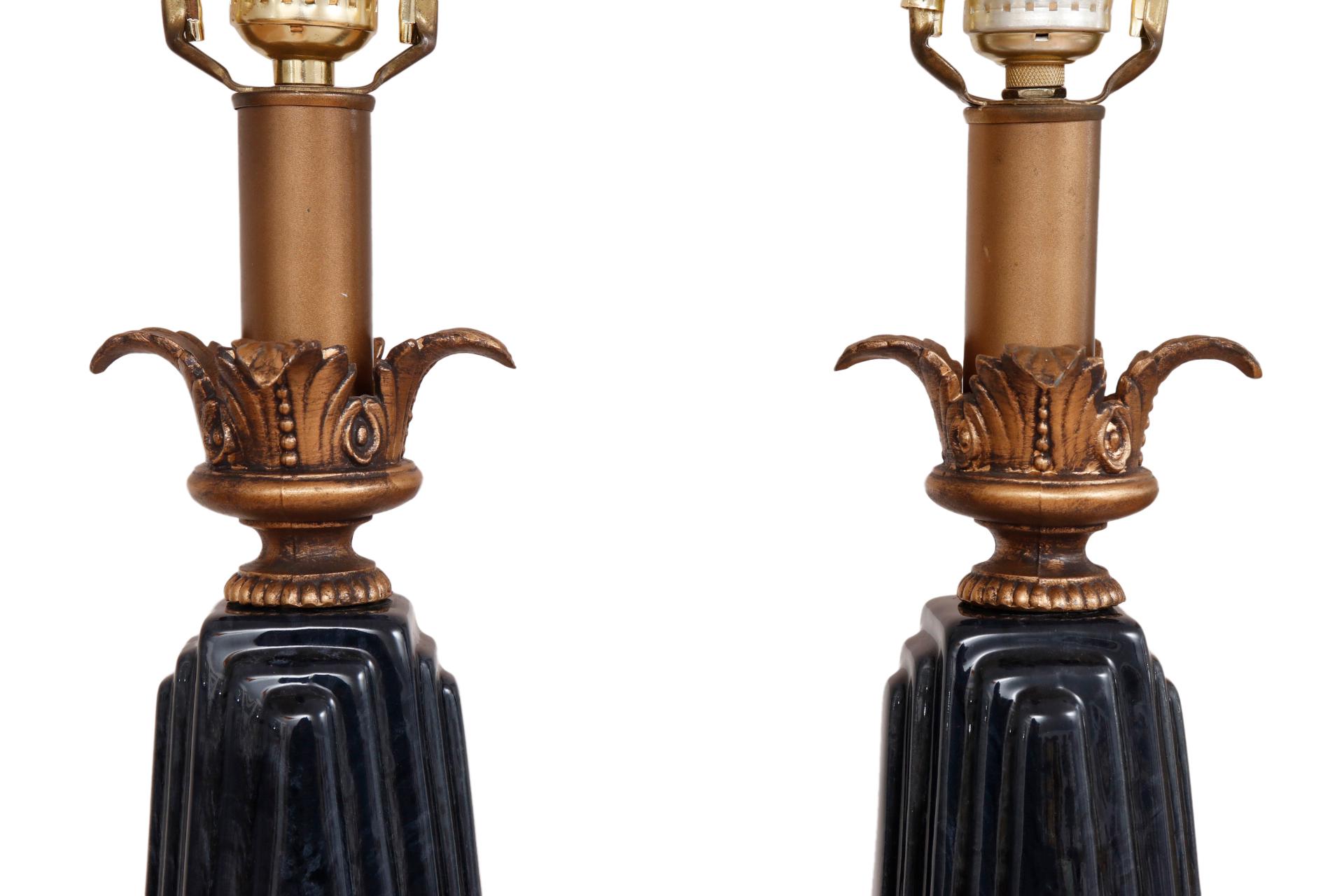 20th Century Regency Style Navy Ceramic Table Lamps, a Pair