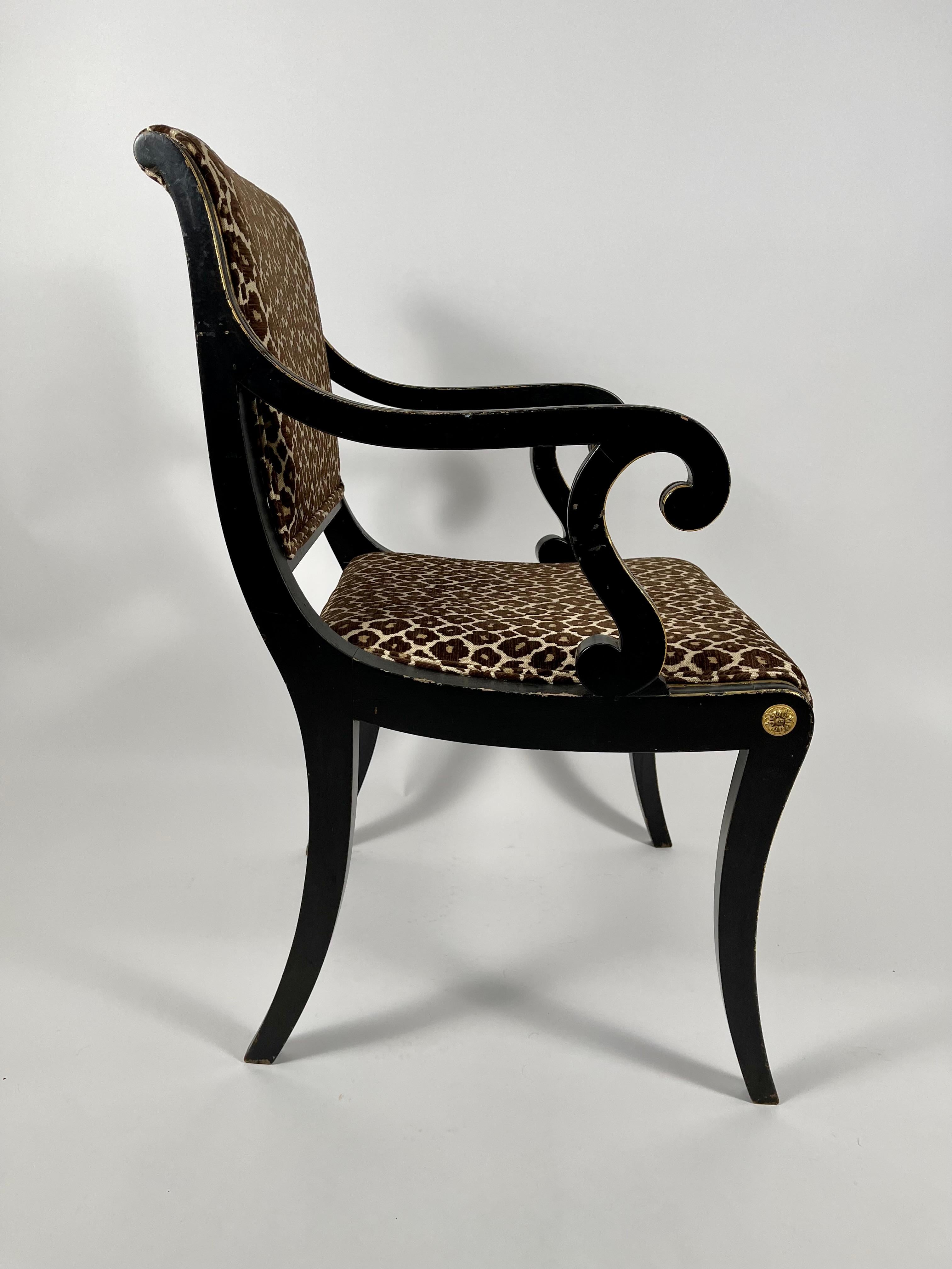 American Regency Style Neoclassical Ebonized and Parcel Gilt Upholstered Arm Chair