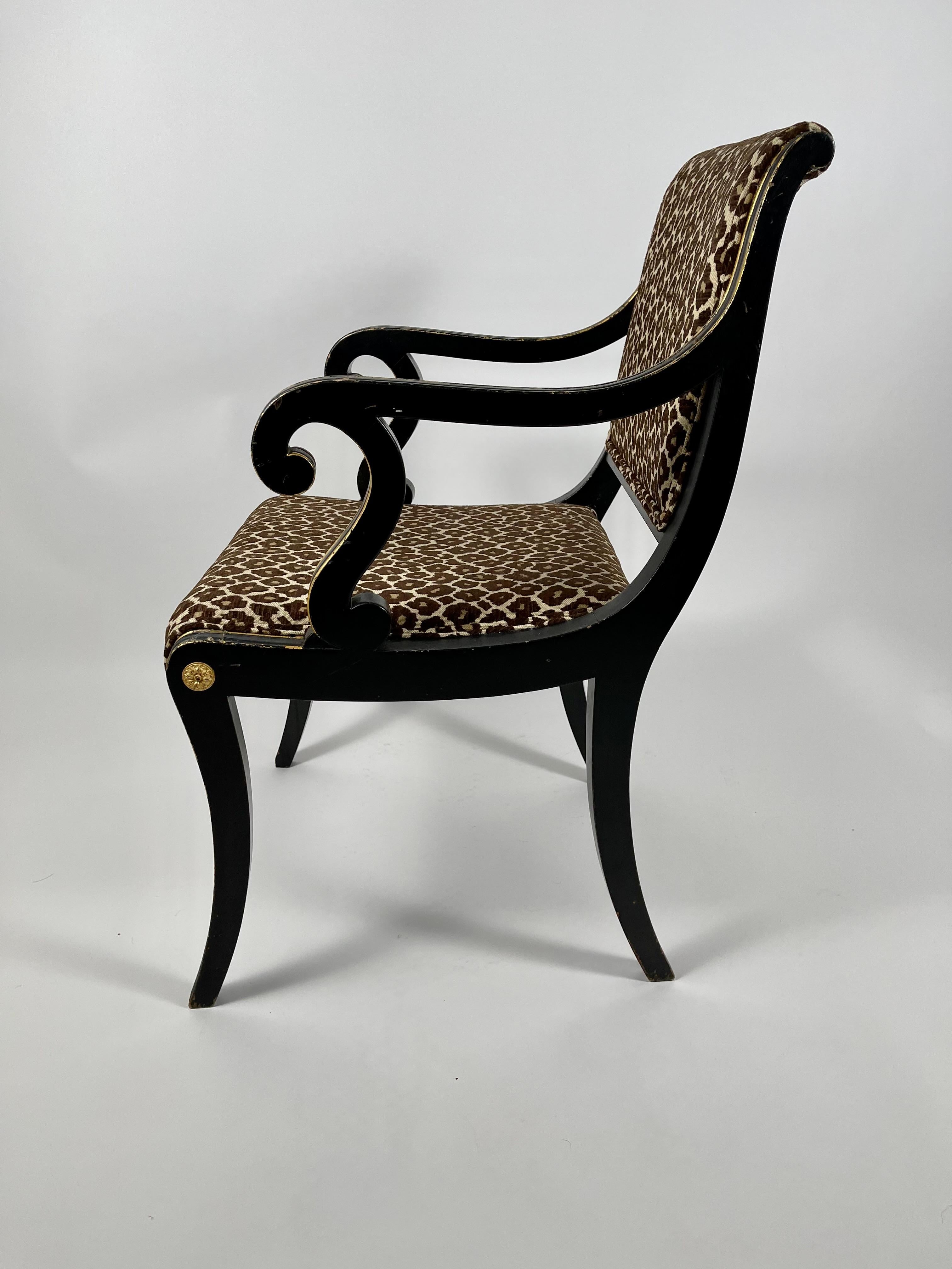Regency Style Neoclassical Ebonized and Parcel Gilt Upholstered Arm Chair In Good Condition In Essex, MA