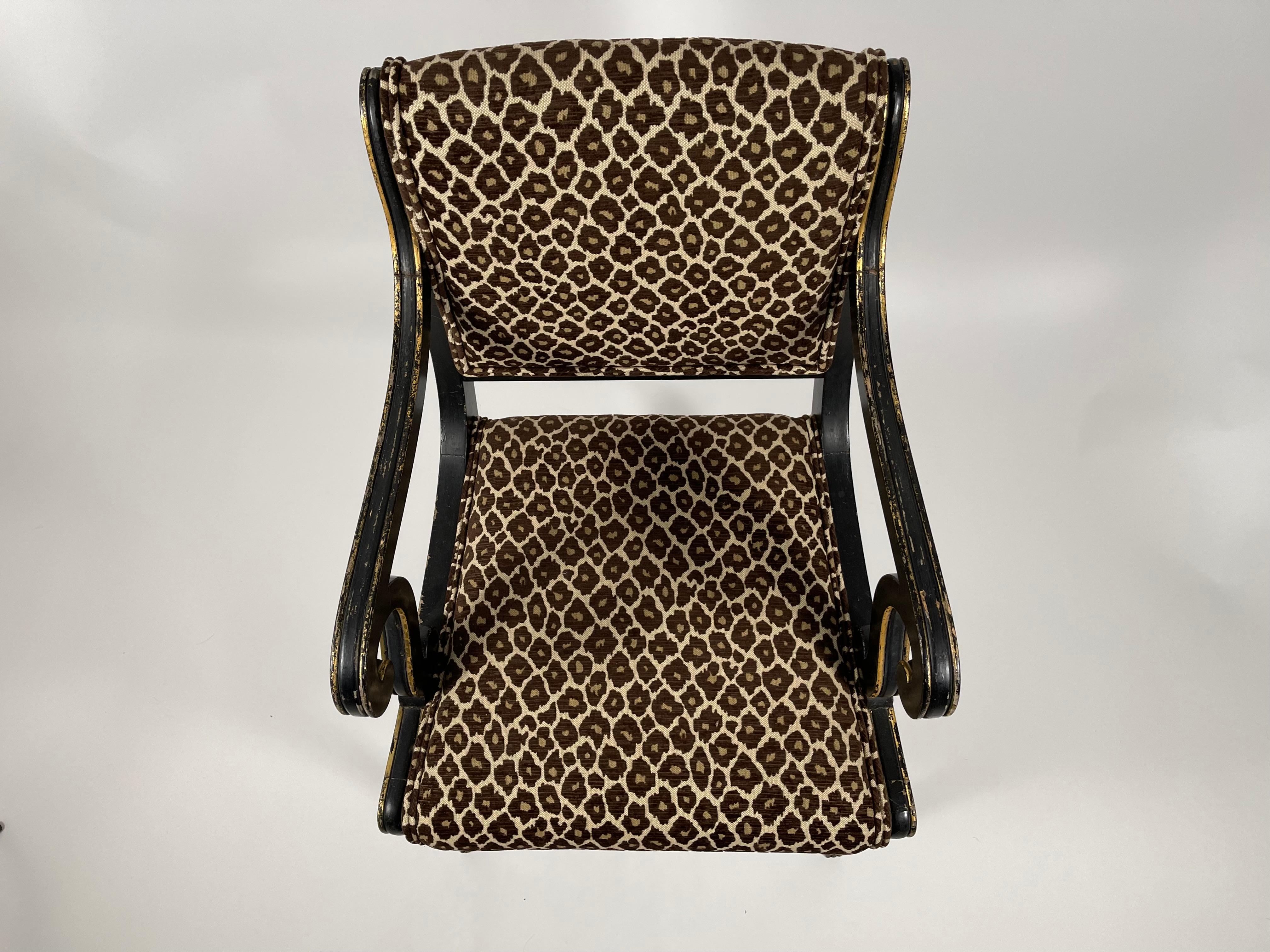 Early 20th Century Regency Style Neoclassical Ebonized and Parcel Gilt Upholstered Arm Chair
