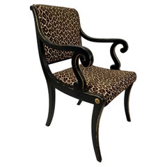Antique Regency Style Neoclassical Ebonized and Parcel Gilt Upholstered Arm Chair