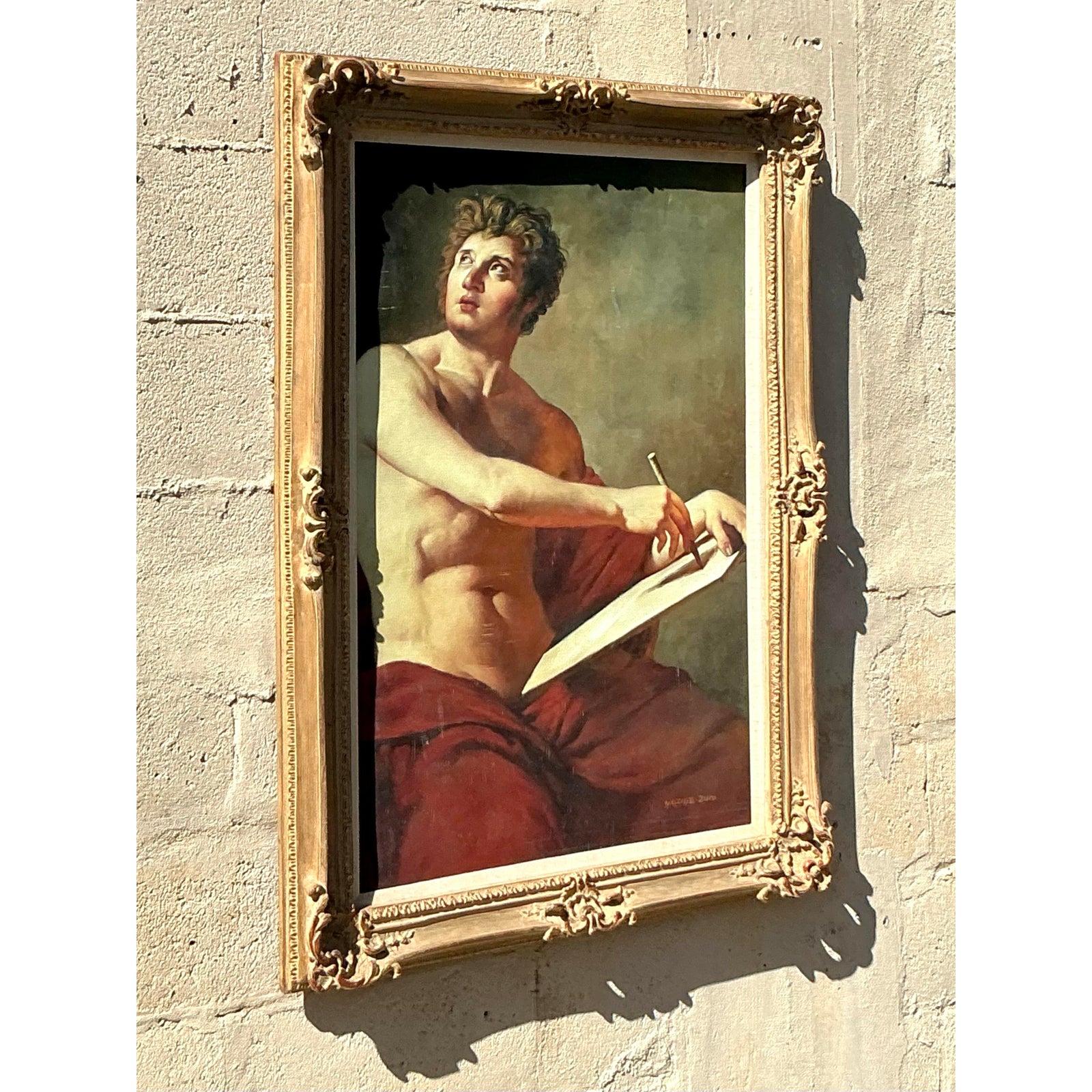 Dieses beeindruckende Ölgemälde im Regency-Stil ist eine meisterhafte Mischung aus klassischer Eleganz und künstlerischem Ausdruck. Die Komposition zeigt eine nachdenkliche männliche Figur, die in ein reiches rotes Tuch gehüllt ist und zeitlose