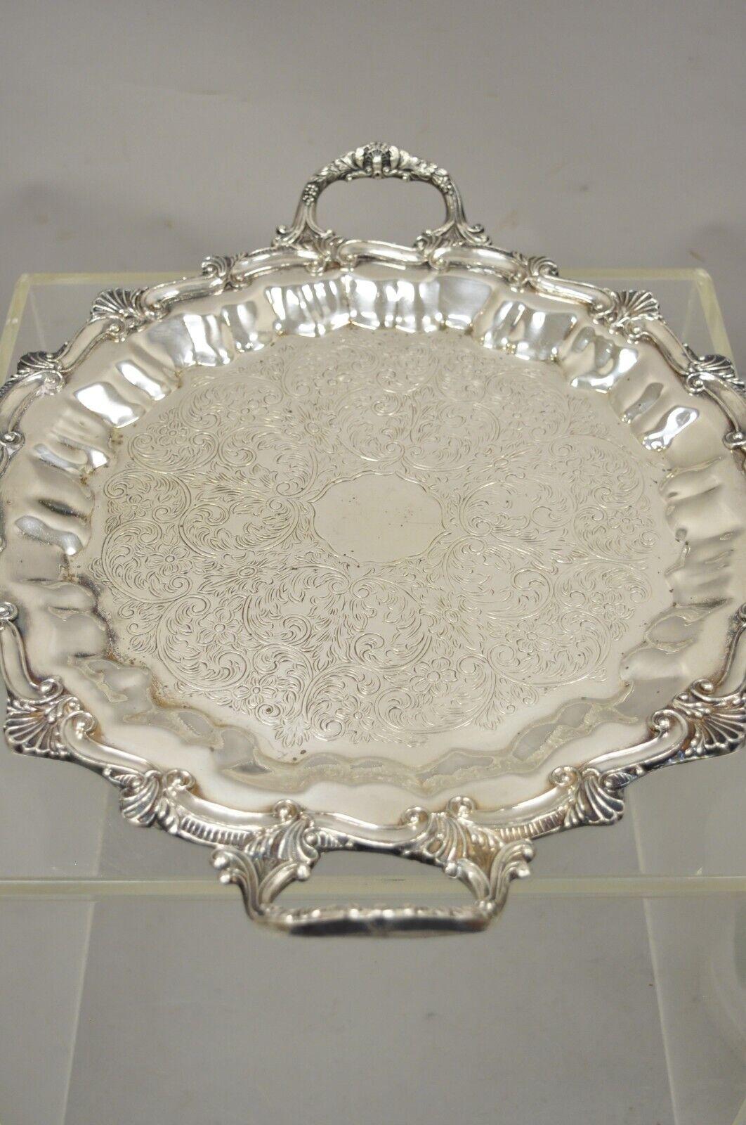 Regency Style Ornate Heavy Silver Plated Twin Handle Scalloped Platter Tray For Sale 2